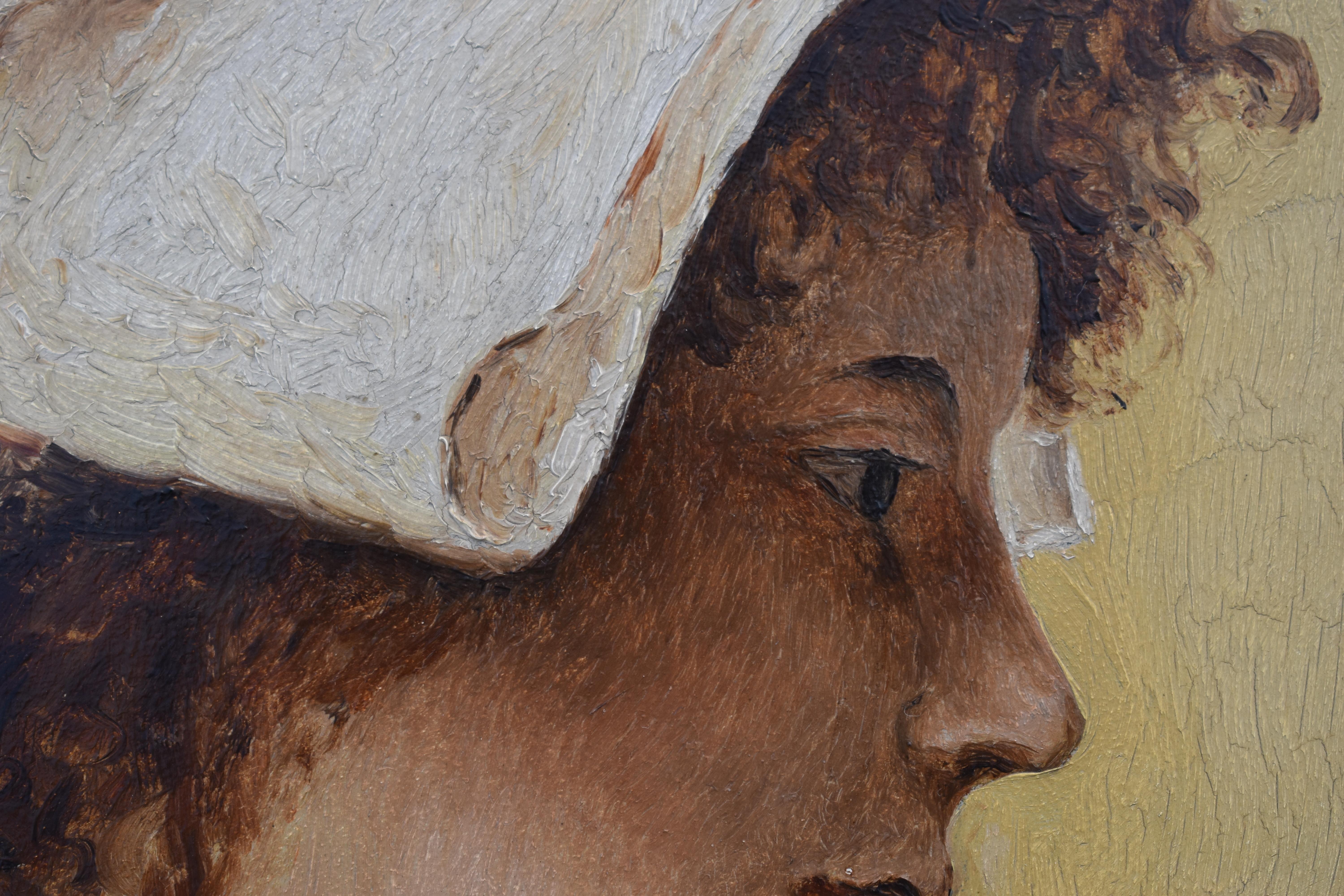 École française du XIXe siècle

Un charmant portrait d'une jeune femme resplendissante dans son plus beau bonnet. Signature indistincte au recto,  également inscrit sur le cadre au verso avec le nom de l'artiste, et daté de Paris 1899. Peint sur un