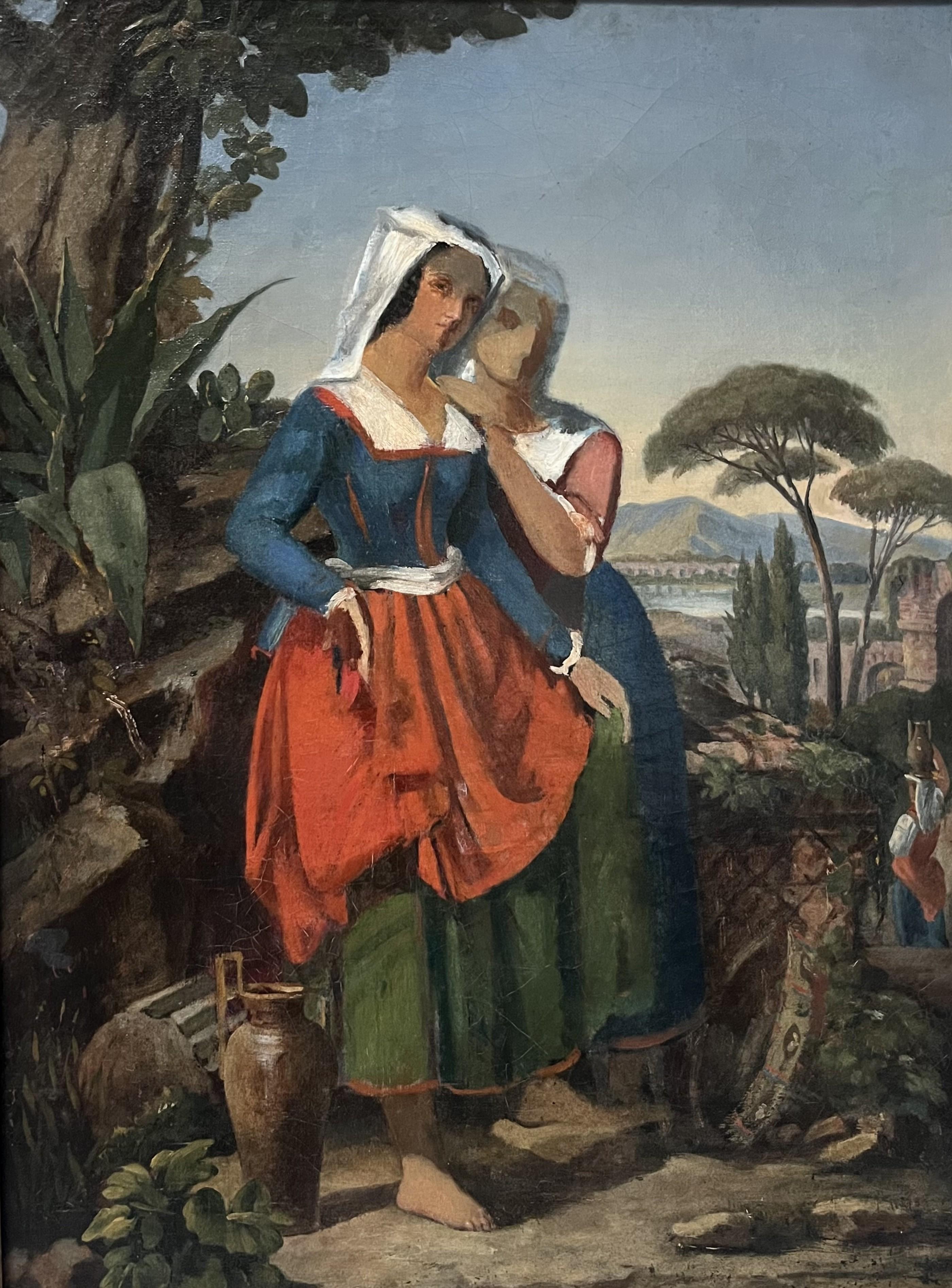 Französische Schule des 19. Jahrhunderts, zwei italienische Frauen in einer Landschaft, eine Ölskizze
