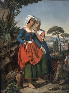 19th Century French school, Two italian women in a landscape, an oil sketch