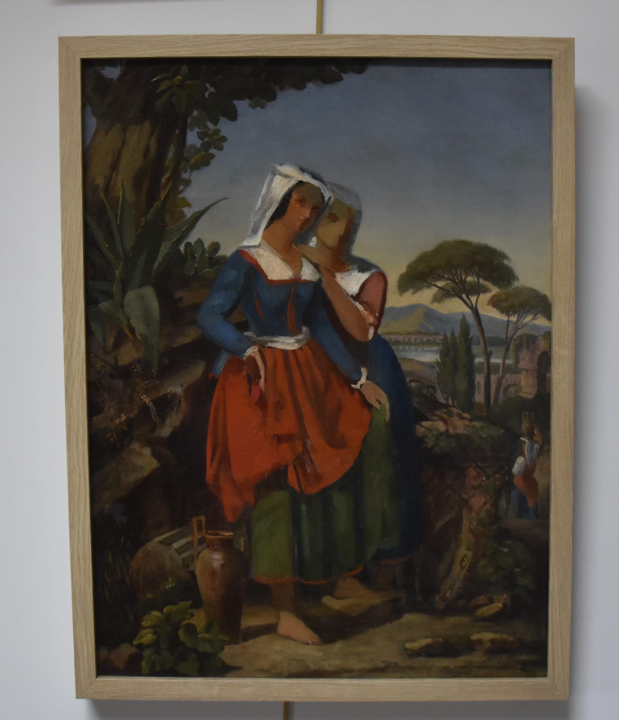Französische Schule des 19. Jahrhunderts, zwei italienische Frauen in einer Landschaft, eine Ölskizze – Painting von Unknown