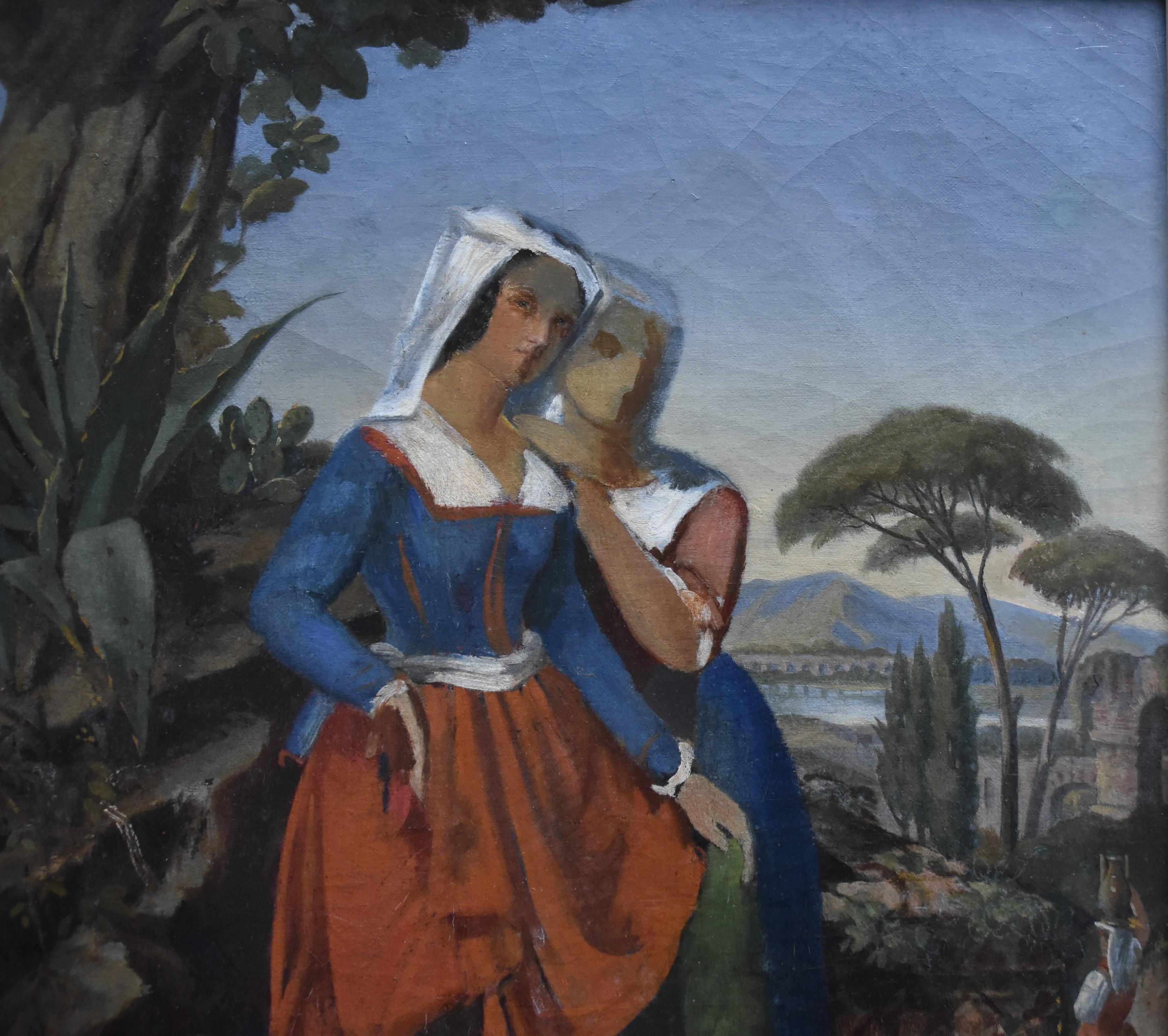 Französische Schule des 19. Jahrhunderts, zwei italienische Frauen in einer Landschaft, eine Ölskizze (Romantik), Painting, von Unknown