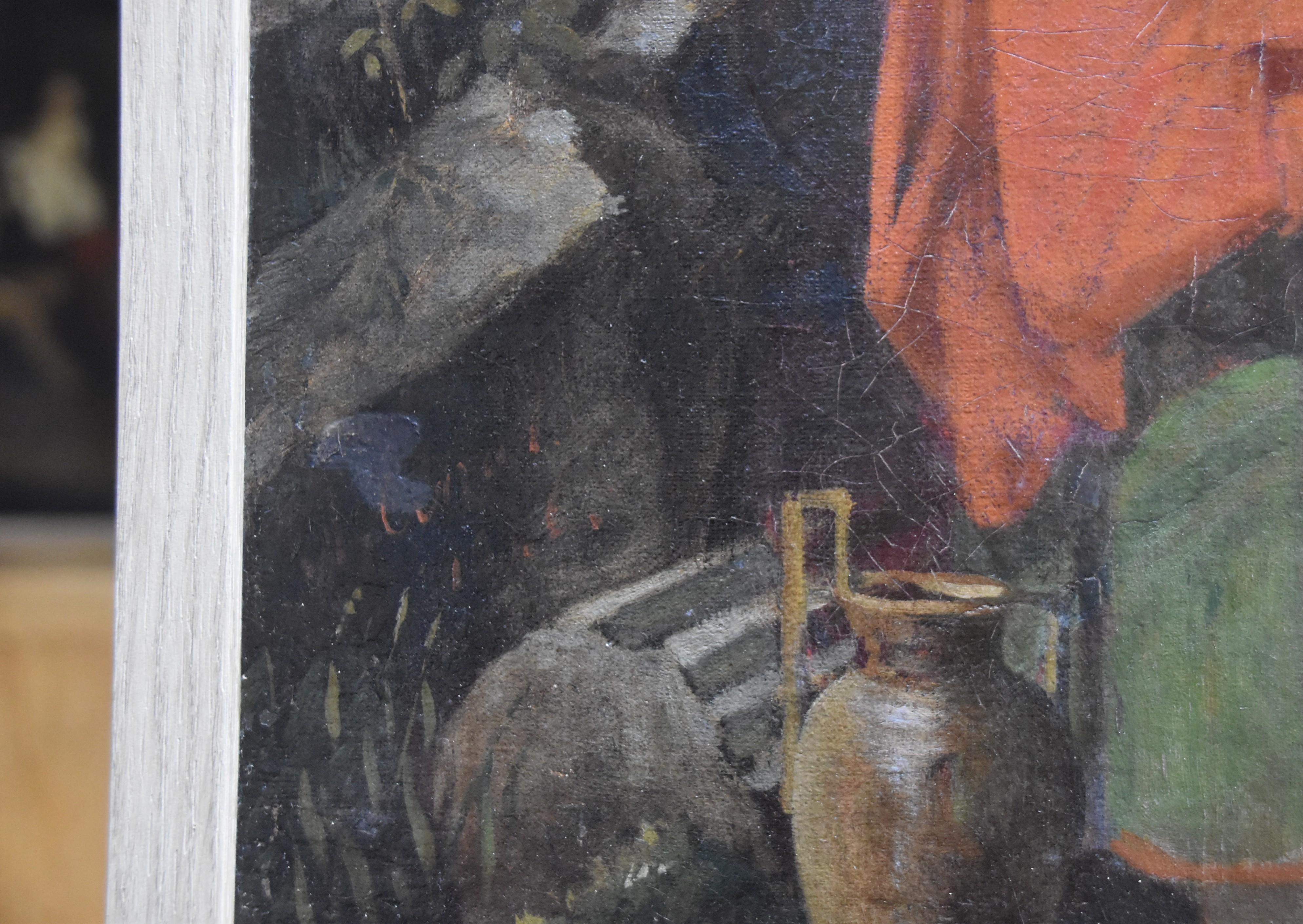 Französische Schule des 19. Jahrhunderts, 
Zwei italienische Frauen in einer Landschaft, 
Öl auf Leinwand
59 x 43.5 cm
Mit einer Unterschrift und einem Datum unten links (siehe Foto), aber kaum sichtbar  