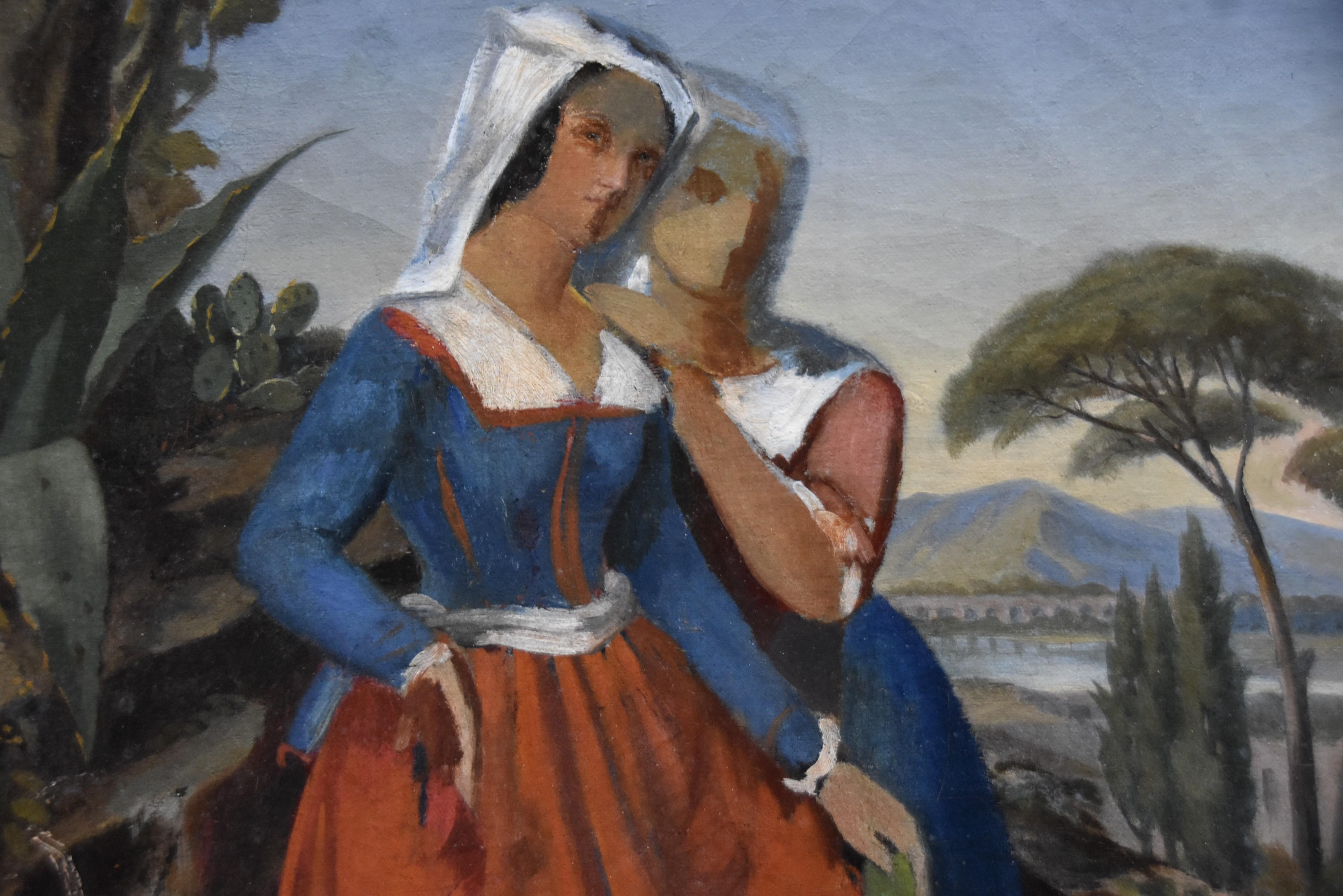 Französische Schule des 19. Jahrhunderts, zwei italienische Frauen in einer Landschaft, eine Ölskizze im Angebot 1