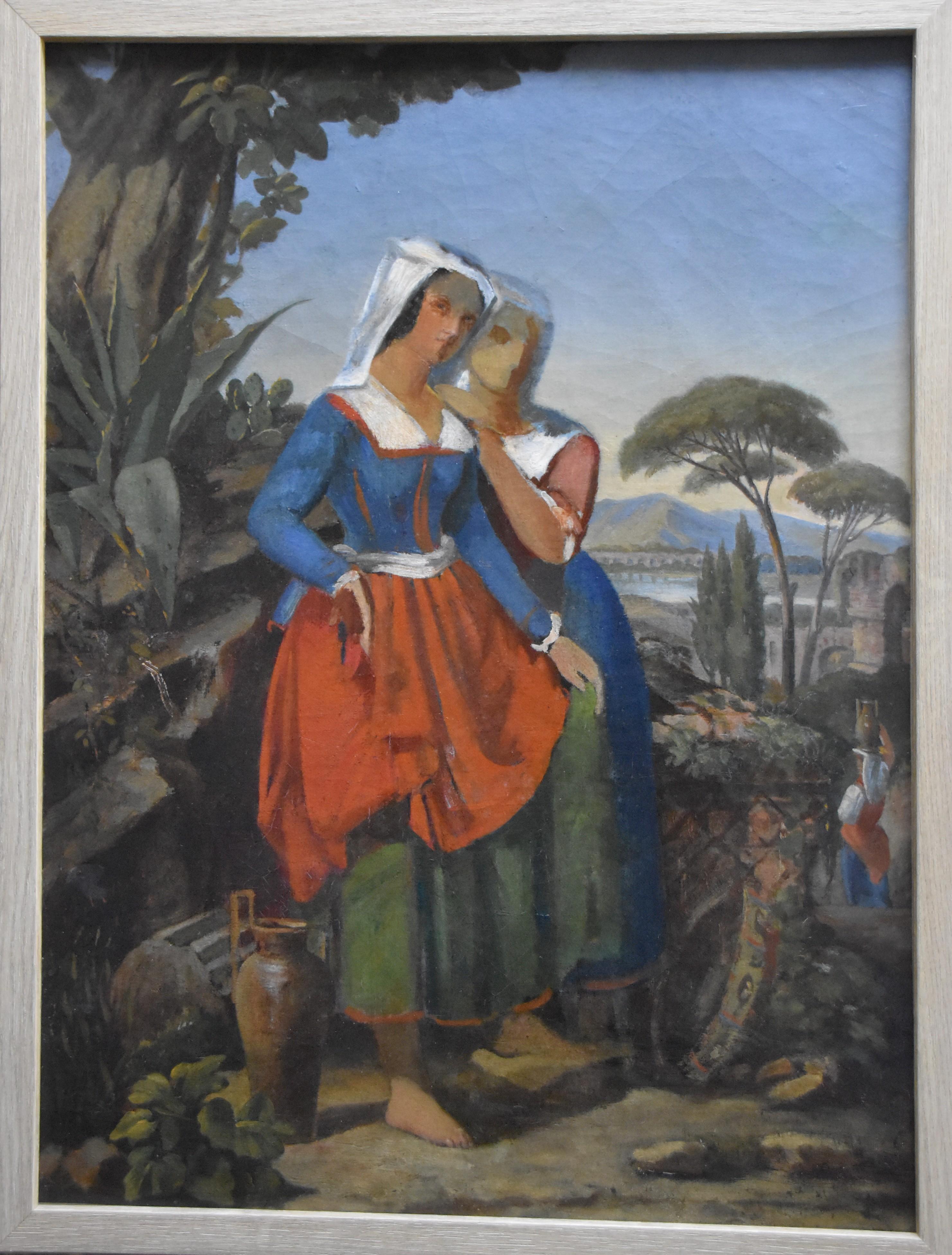 Französische Schule des 19. Jahrhunderts, zwei italienische Frauen in einer Landschaft, eine Ölskizze im Angebot 2
