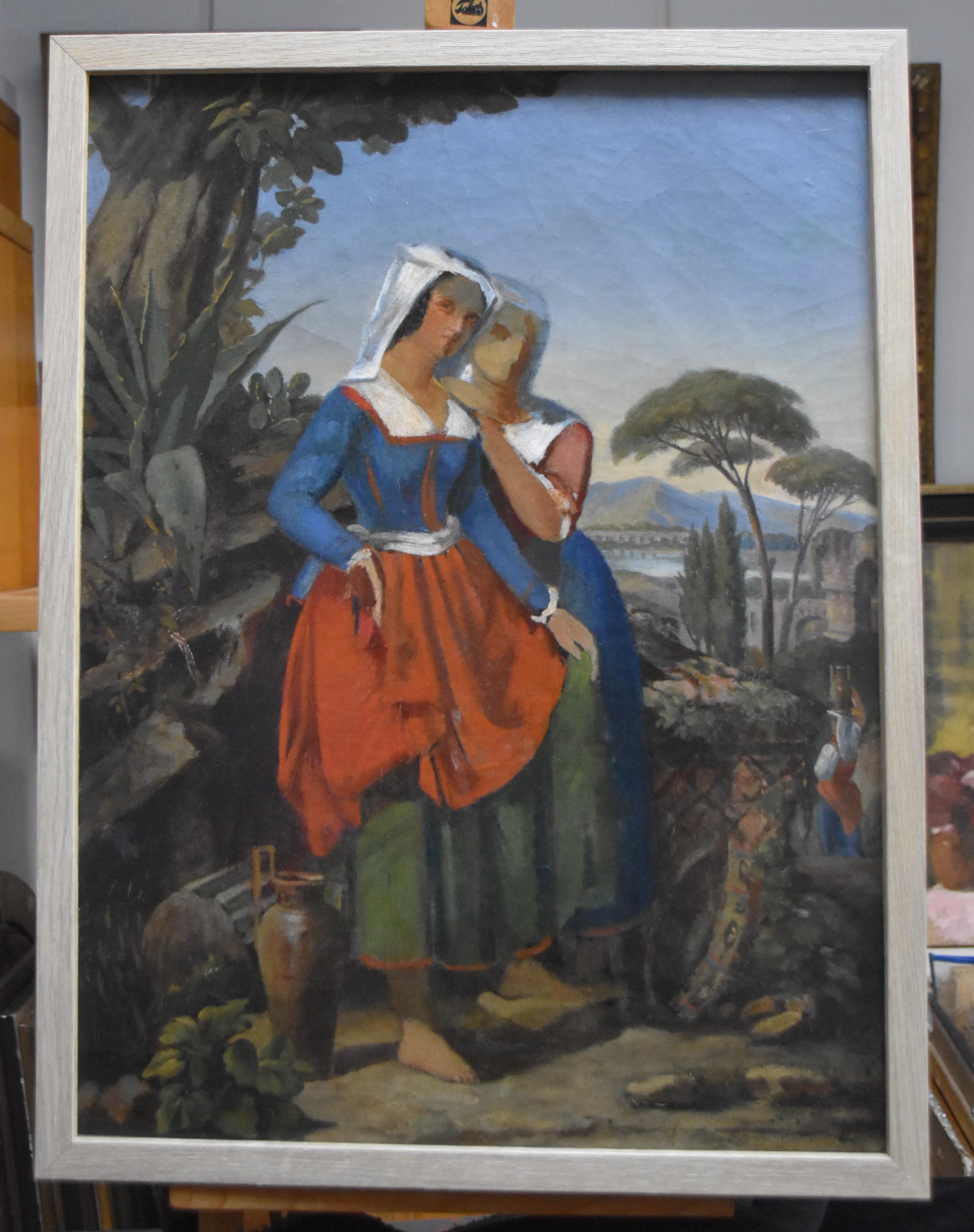 19th Century French school, 
Two italian women in a landscape, 
oil on canvas
59 x 43.5 cm
Bears a signature and a date on the lower left (see photograph please) but barely lisible  