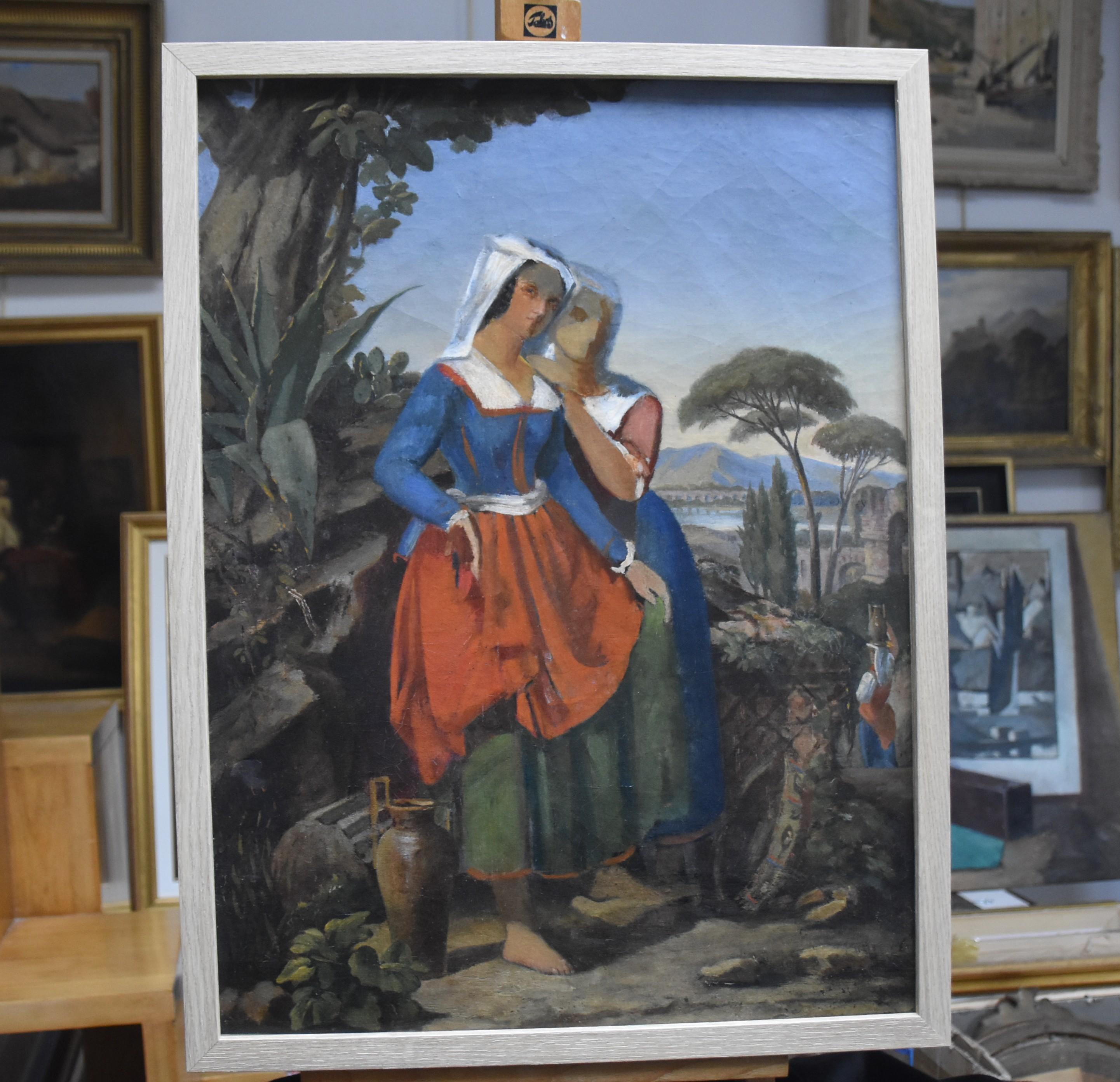 Französische Schule des 19. Jahrhunderts, zwei italienische Frauen in einer Landschaft, eine Ölskizze im Angebot 4