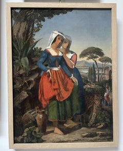 19th Century French school, Two italian women in a landscape, an oil sketch