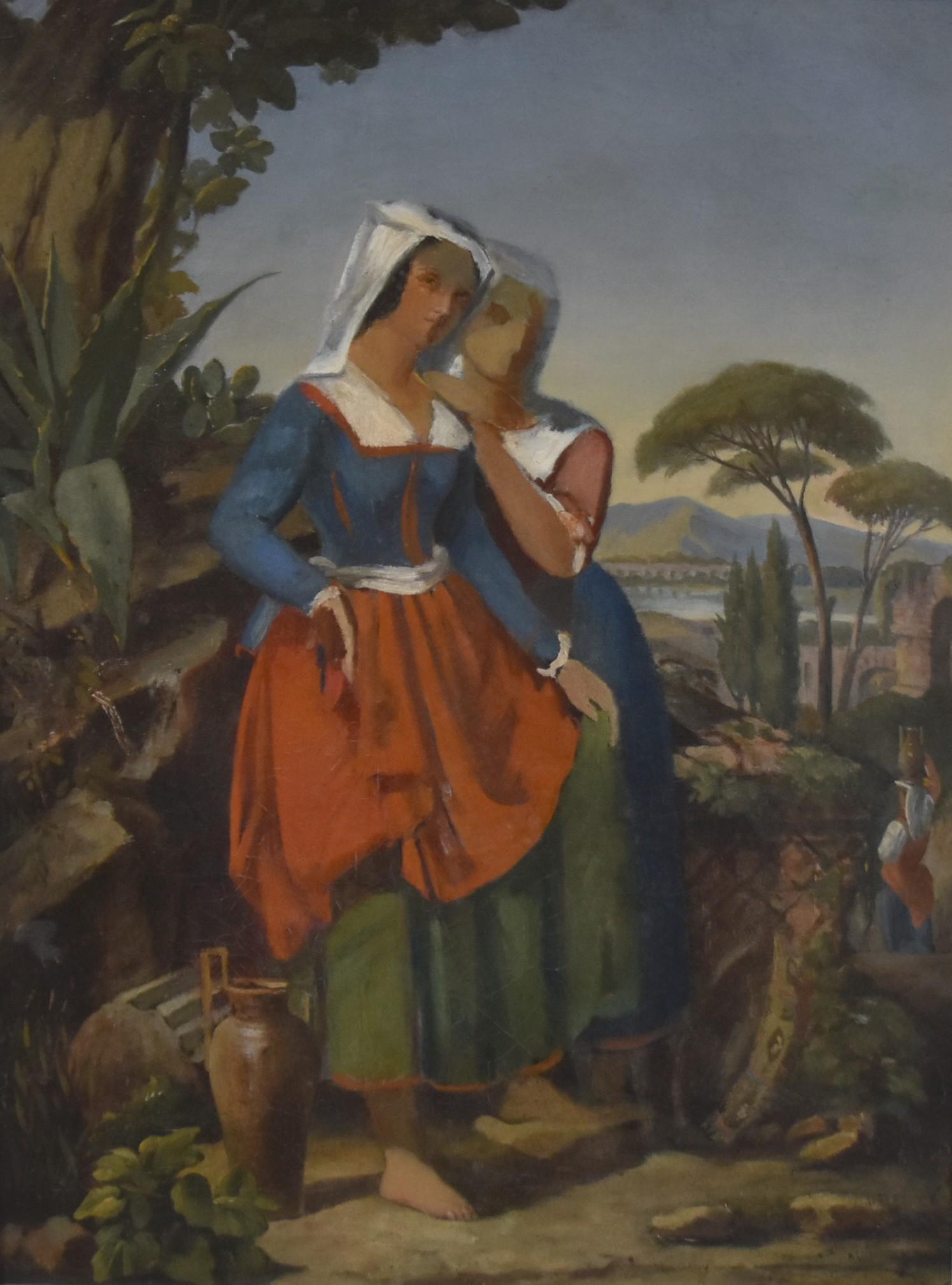 Unknown Figurative Painting - 19th Century French school, Two italian women in a landscape, an oil sketch