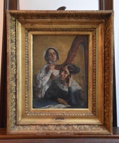 19th century french school, Two young ladies with a harp, oil on canvas