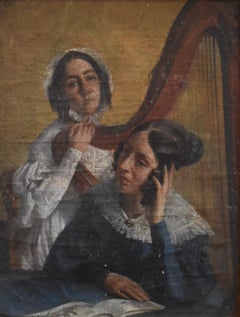 19th century french school, Two young ladies with a harp, oil on canvas