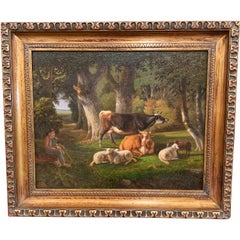 19th Century French Sheep Painting on Board in Carved Gilt Frame