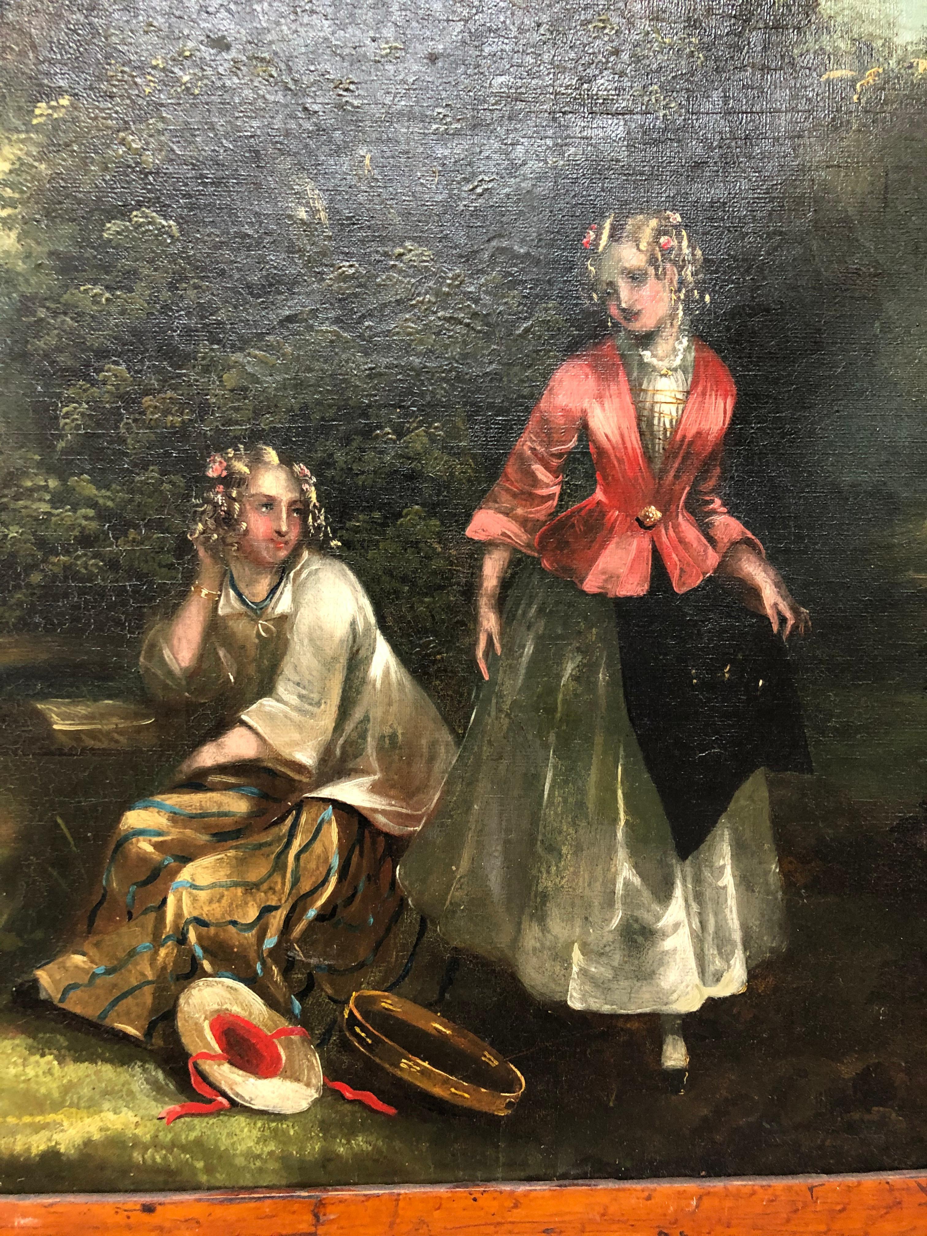 Schönes Öl auf Leinwand aus dem 19. Jahrhundert. Wahrscheinlich europäisch, aber nicht sicher. Ich sehe keine Unterschrift. Untergebracht in schönen Wurzelholz Rahmen, der 30 1/4 Zoll breit durch 22 1/2 hoch misst. Der Anstrich hat eine Reihe alter,