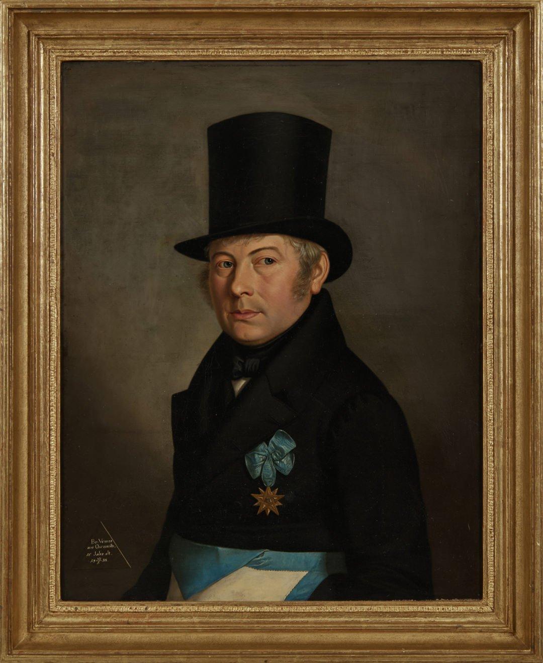 19th Century German School, Gentleman with Top Hat, 1839 - Painting by Unknown