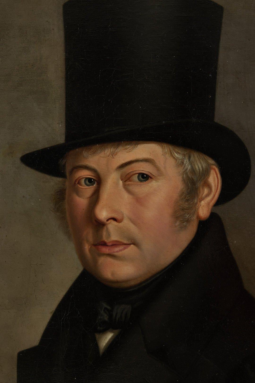 19th Century German School, Gentleman with Top Hat, 1839 - Black Figurative Painting by Unknown