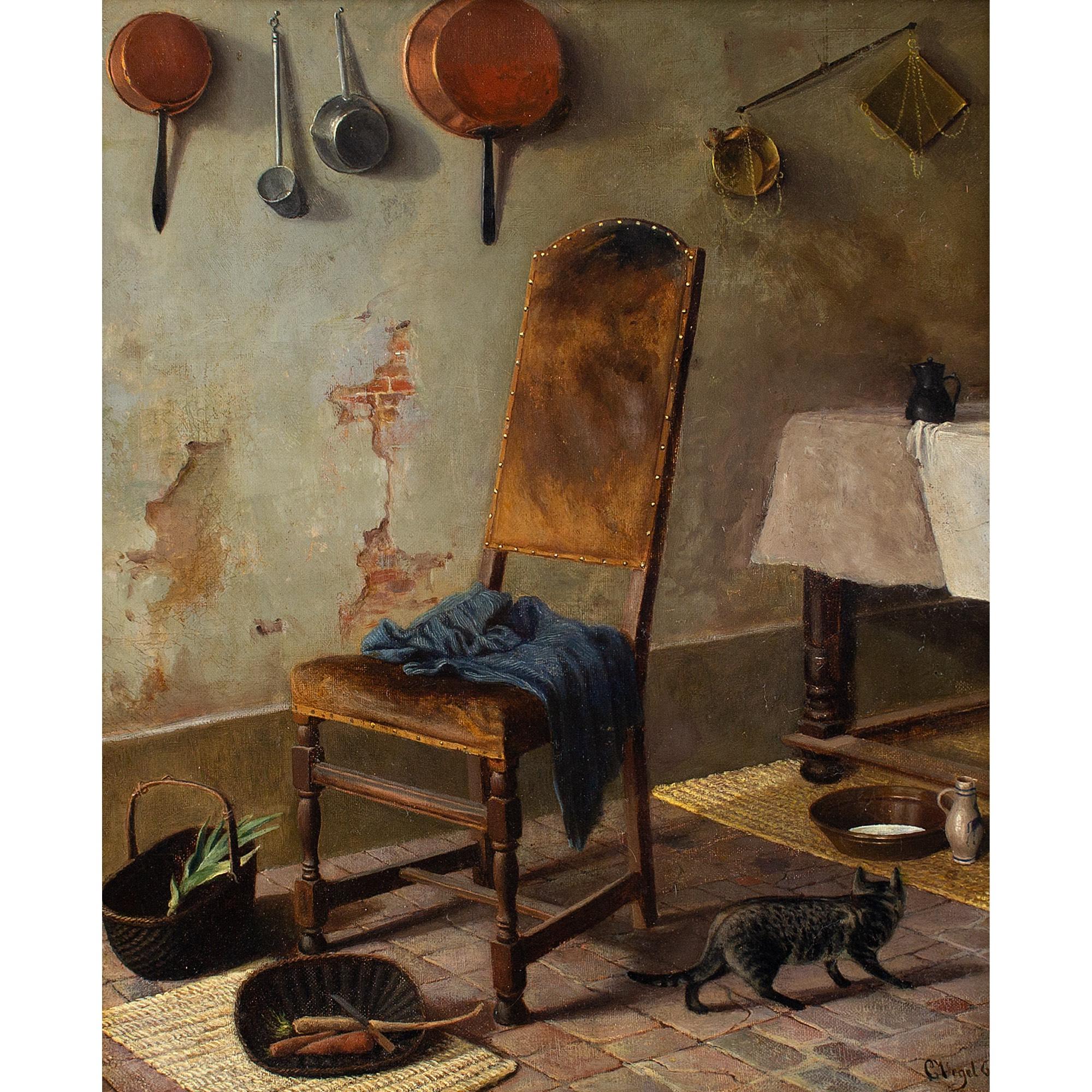 19th-Century German School, Kitchen Interior With Cat, Oil Painting - Brown Animal Painting by Unknown