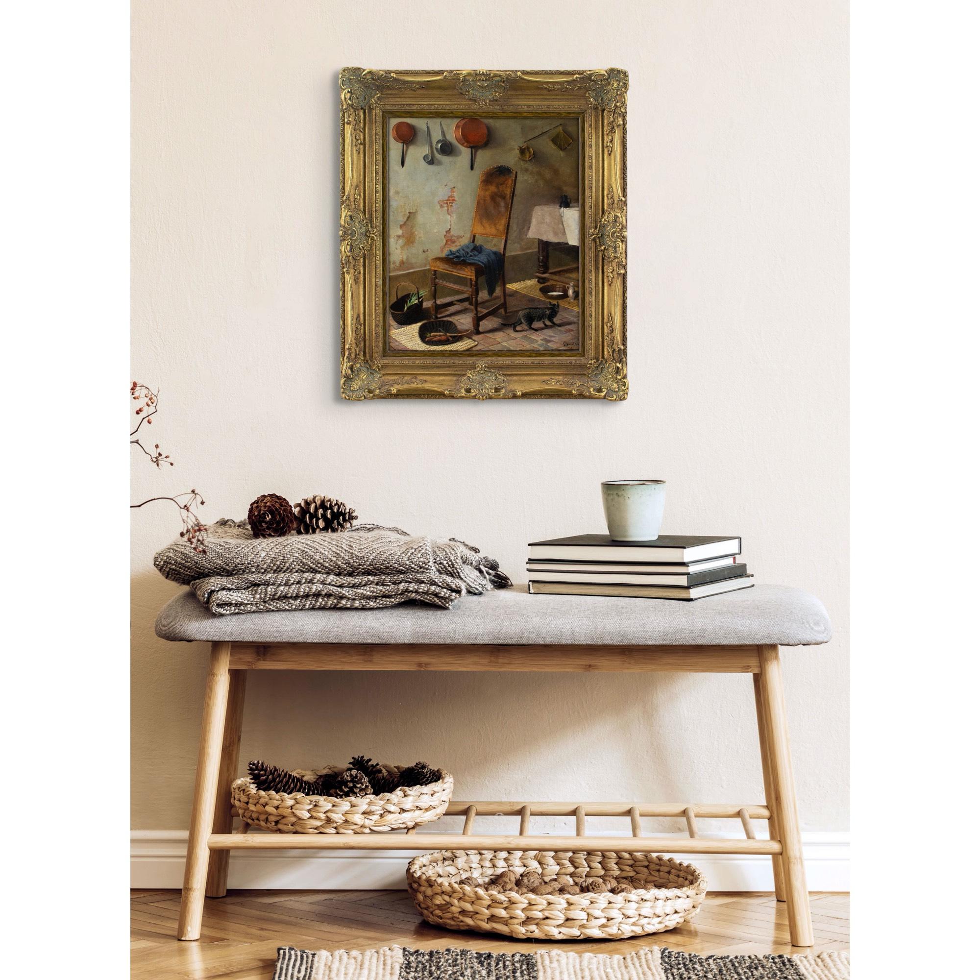 This charming mid-19th-century German oil painting depicts a kitchen with chair, cat and various cookware.

A creeping tabby moves surreptitiously towards a tempting bowl of milk. A basket of vegetables is tipped over, perhaps by its curiosity. On