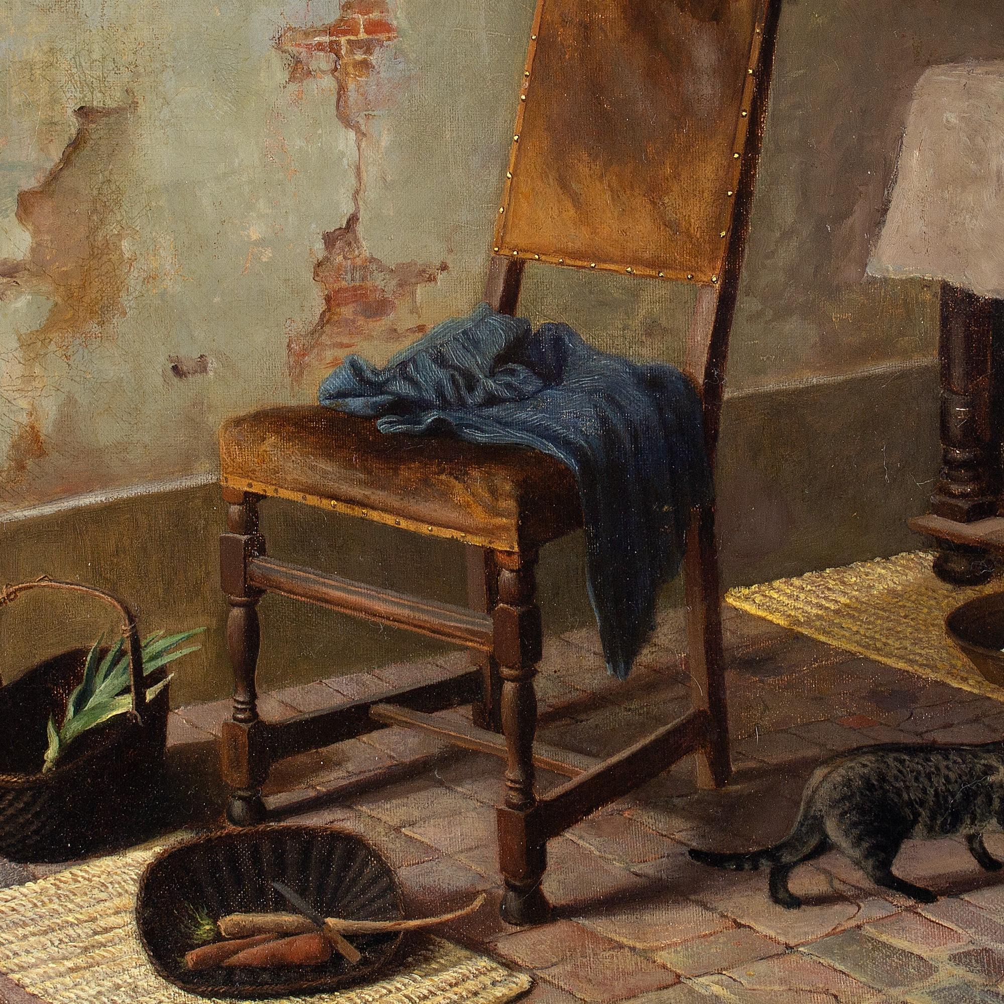 19th-Century German School, Kitchen Interior With Cat, Oil Painting 2