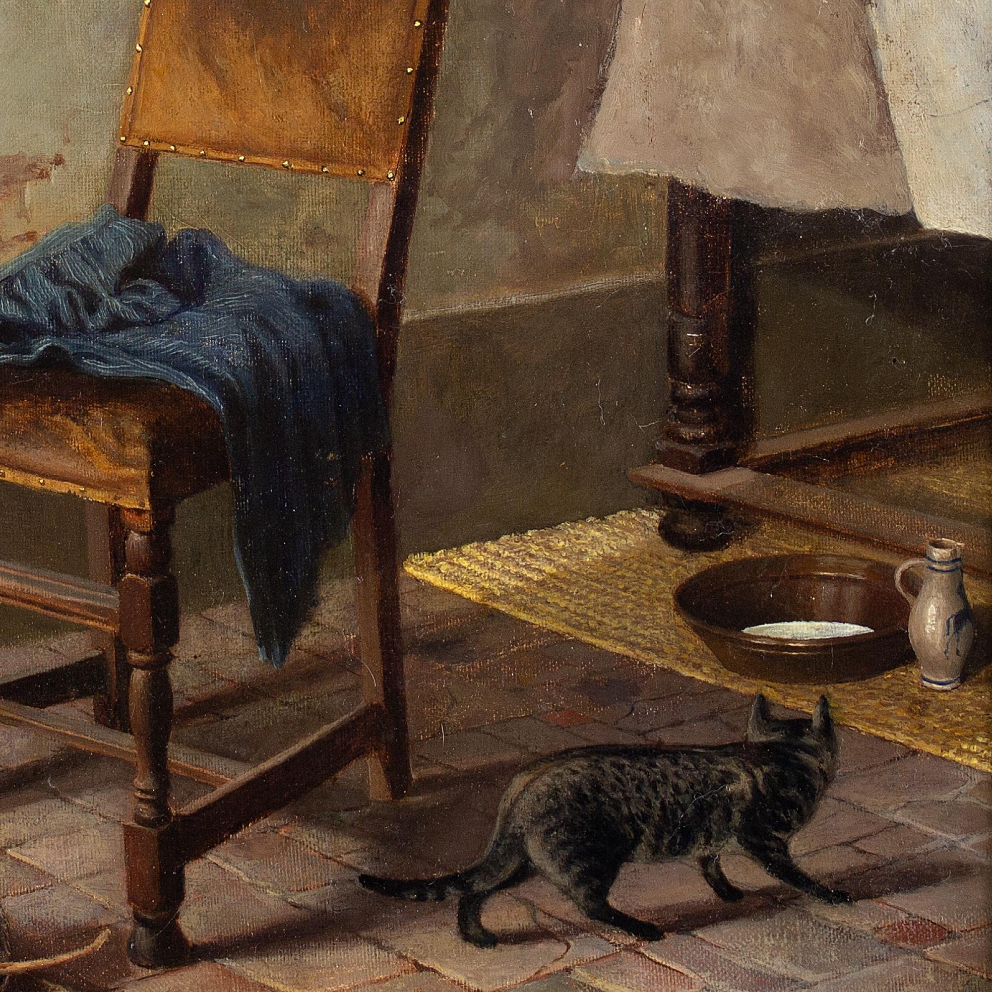 19th-Century German School, Kitchen Interior With Cat, Oil Painting 3