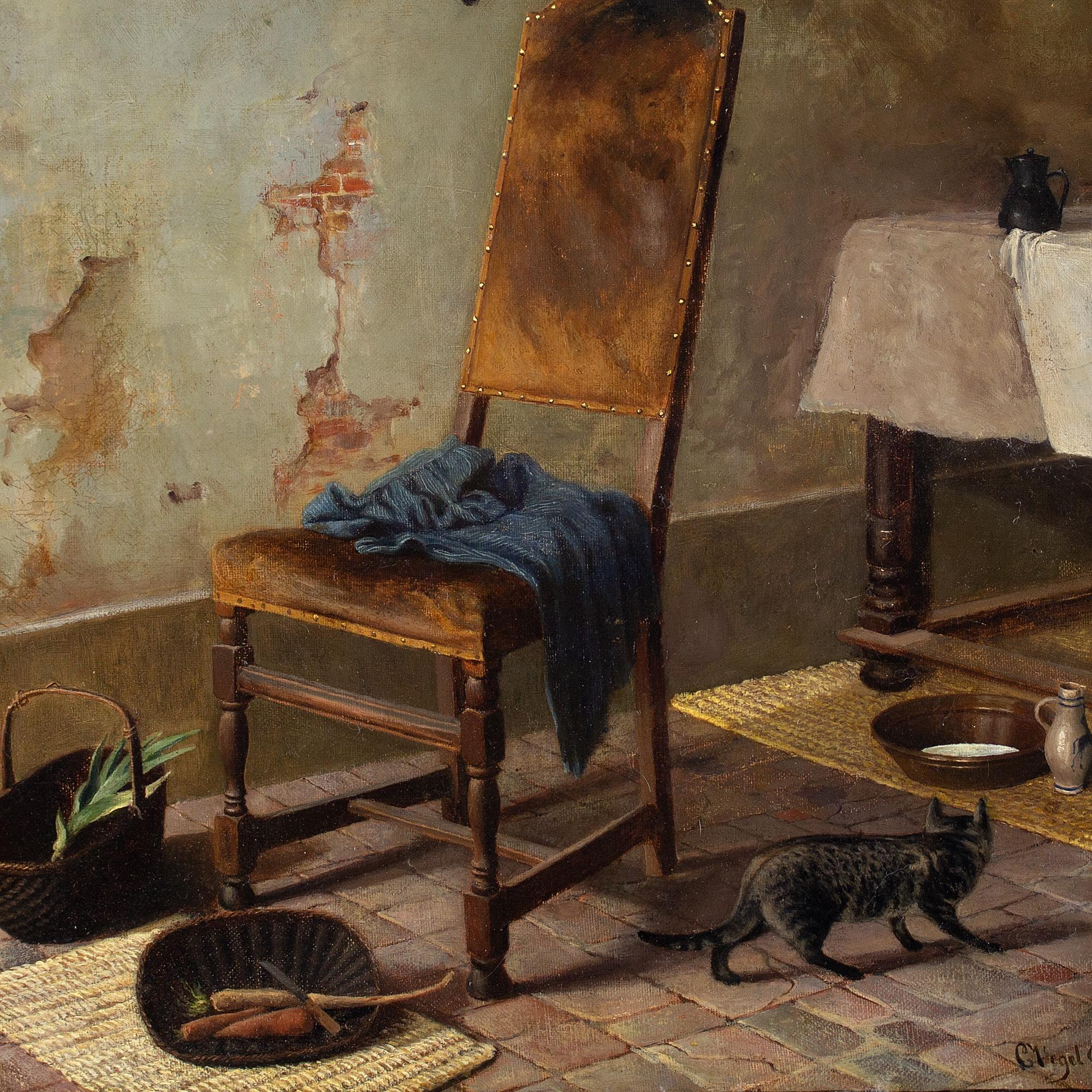 19th-Century German School, Kitchen Interior With Cat, Oil Painting 4