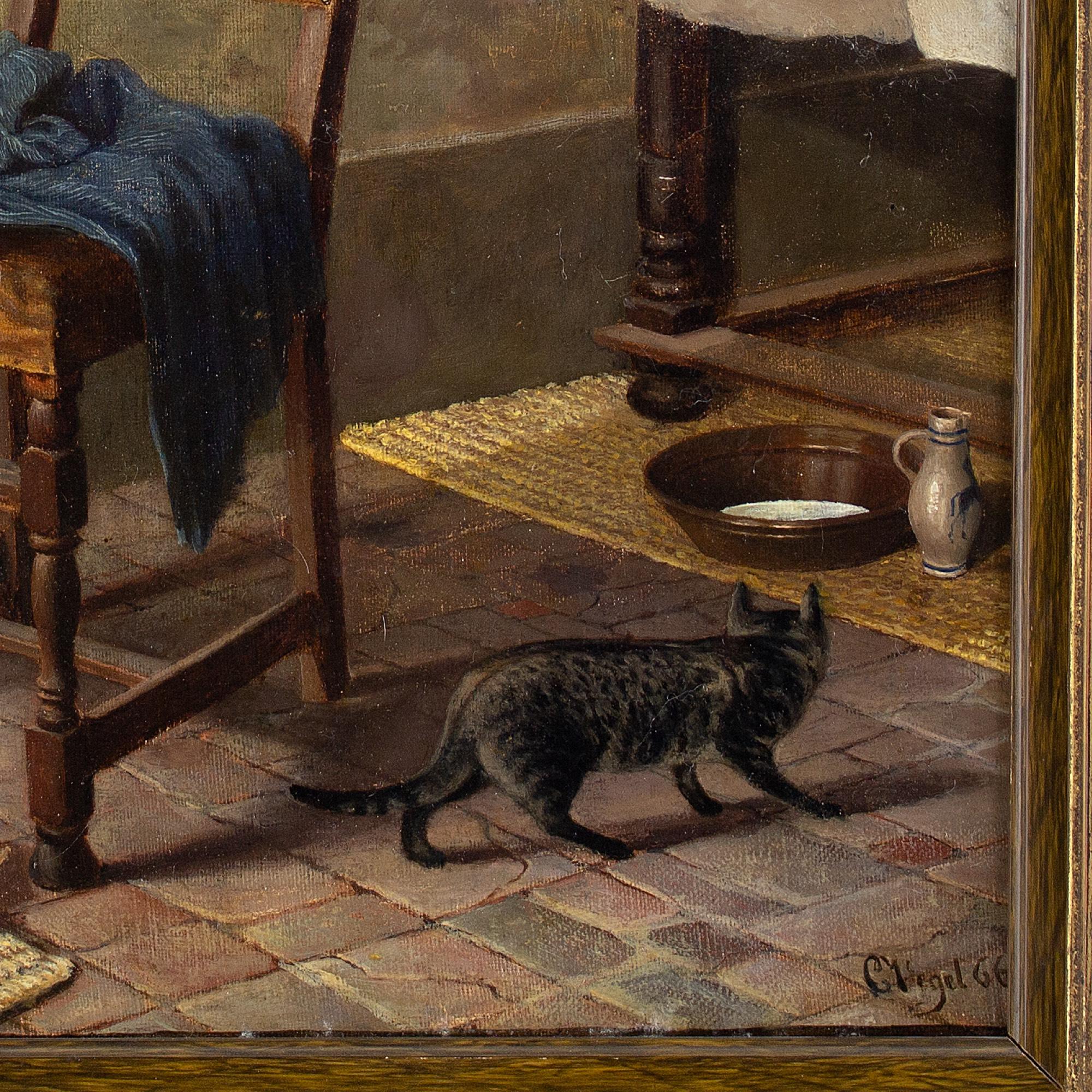 19th-Century German School, Kitchen Interior With Cat, Oil Painting 5