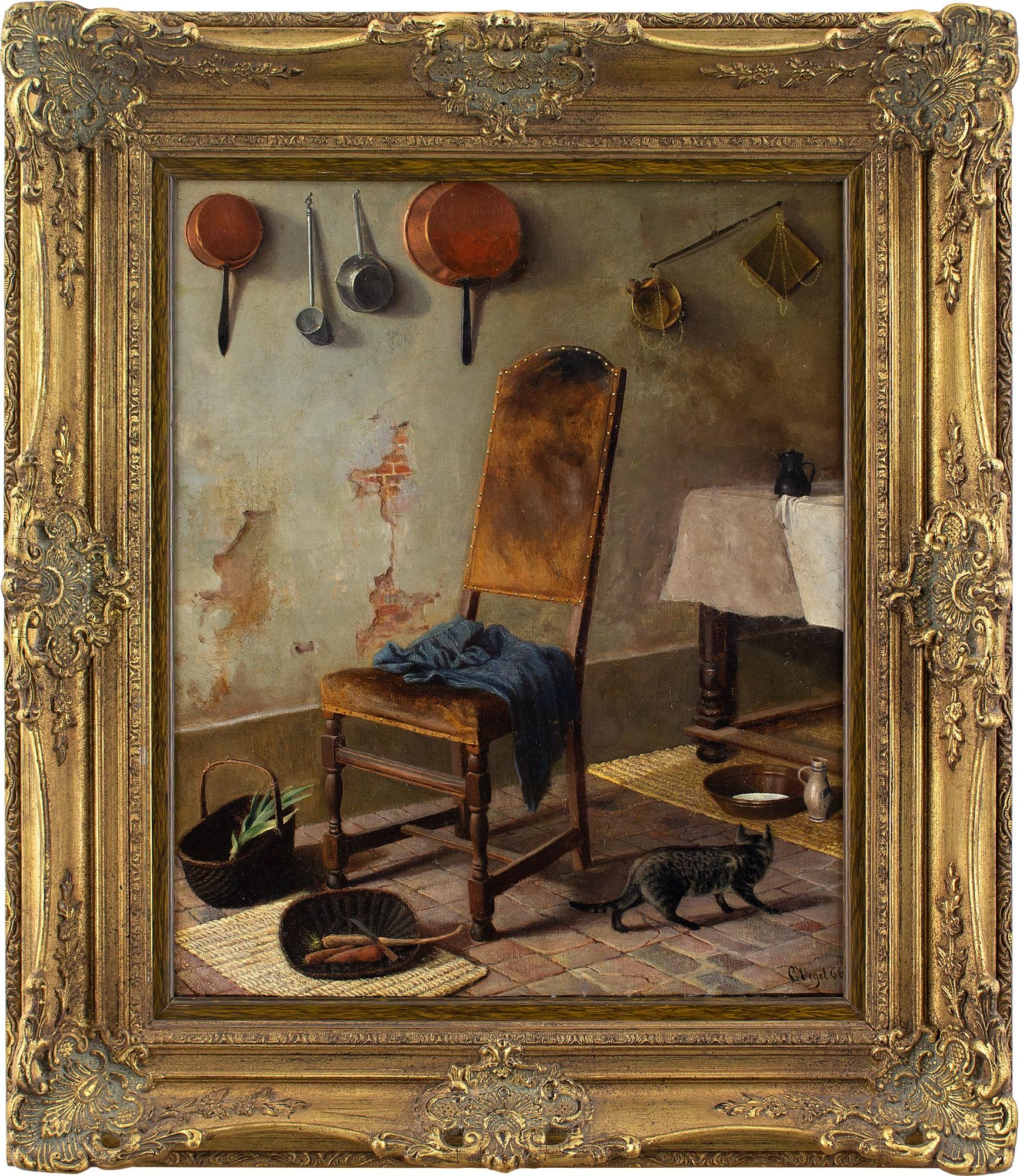 Unknown Animal Painting - 19th-Century German School, Kitchen Interior With Cat, Oil Painting
