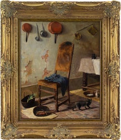 Antique 19th-Century German School, Kitchen Interior With Cat, Oil Painting