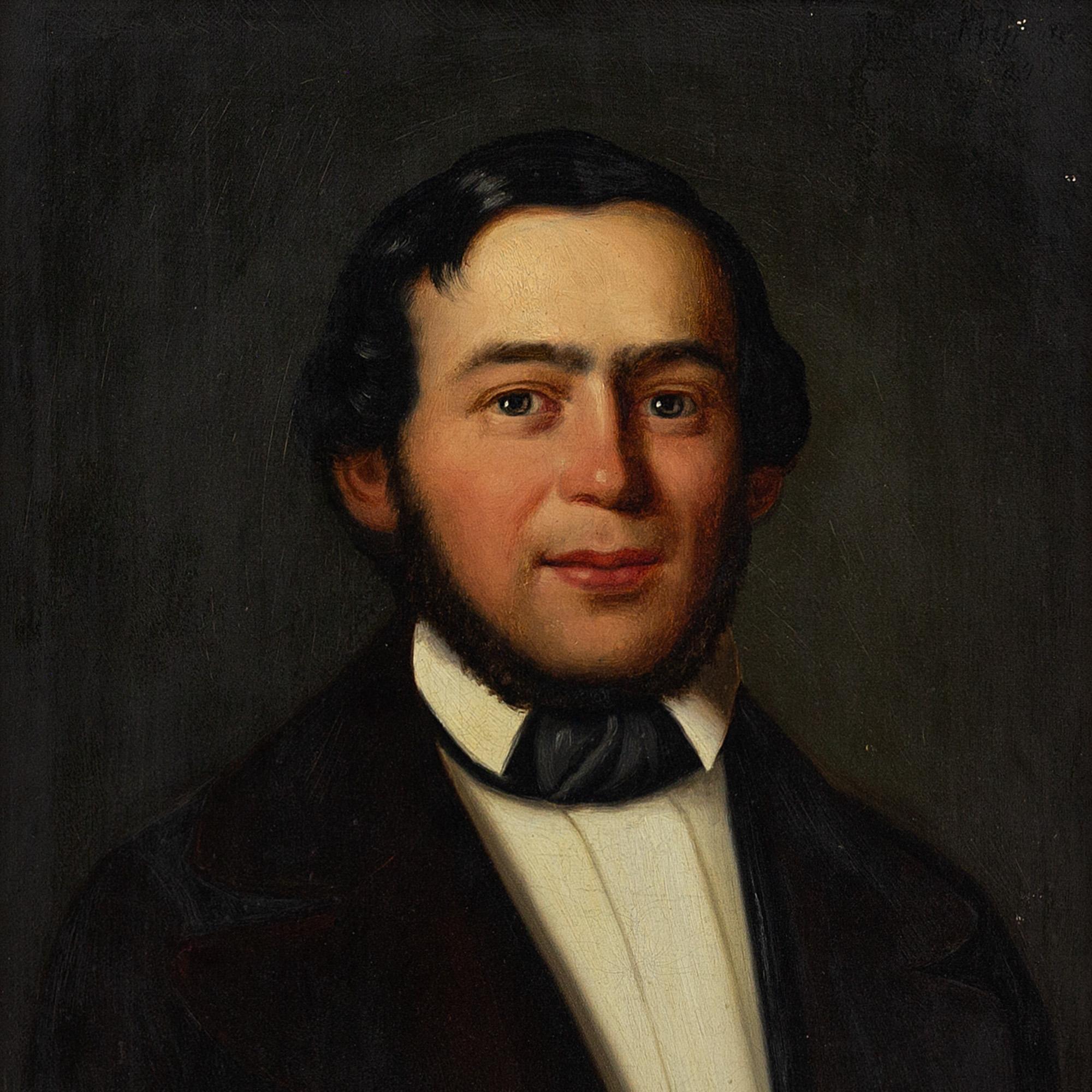 This charming mid-19th-century oil painting depicts a gentleman wearing a white shirt with a black coat and necktie. His collars are turned down and his hair is styled with a side parting.

In the 1840s/50s, men tended to wear their hair covering