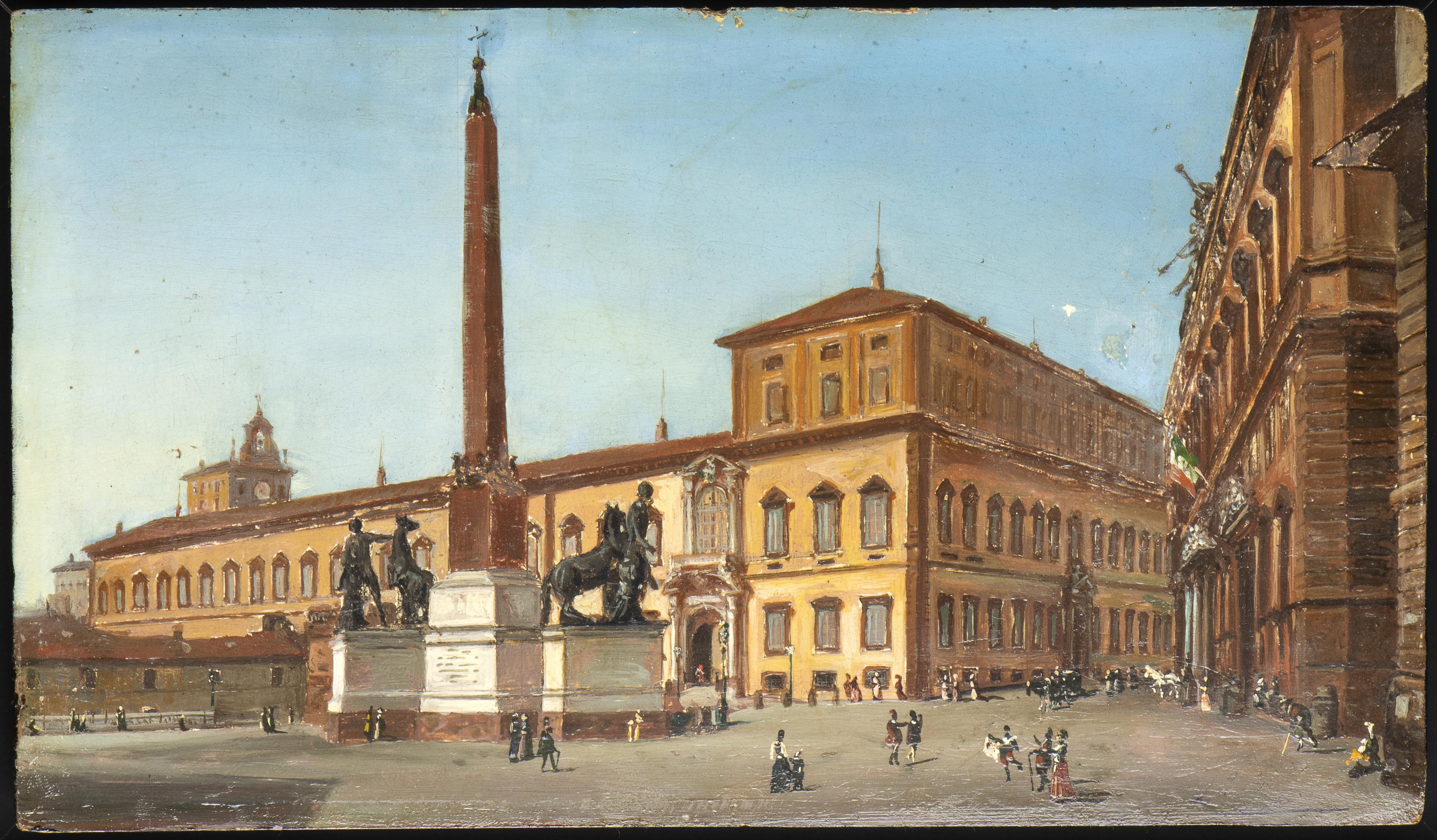 A very interesting painting that show a  view of the Palazzo del Quirinale and Palazzo della Consulta. The artist portrait an important description of  these buildings placing emphasis on details that can let the observer understand everything. 
The
