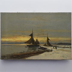 19th Century Impressionist Manner Oil Seascape Winter Sunset Harbor Scene Signed