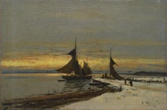 19th Century Impressionist Manner Oil Seascape Winter Sunset Harbor Scene Signed