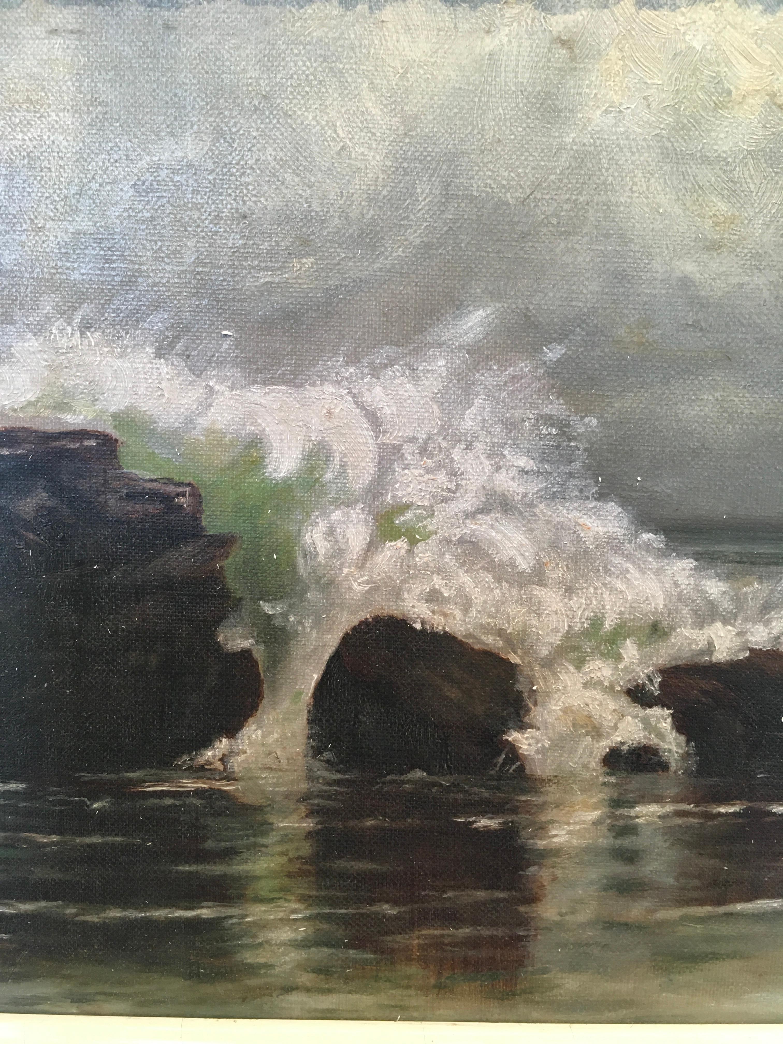 'Paesaggio marino impressionista del XIX secolo', di autore ignoto, olio su tela - Landscape Painting Beige di Unknown
