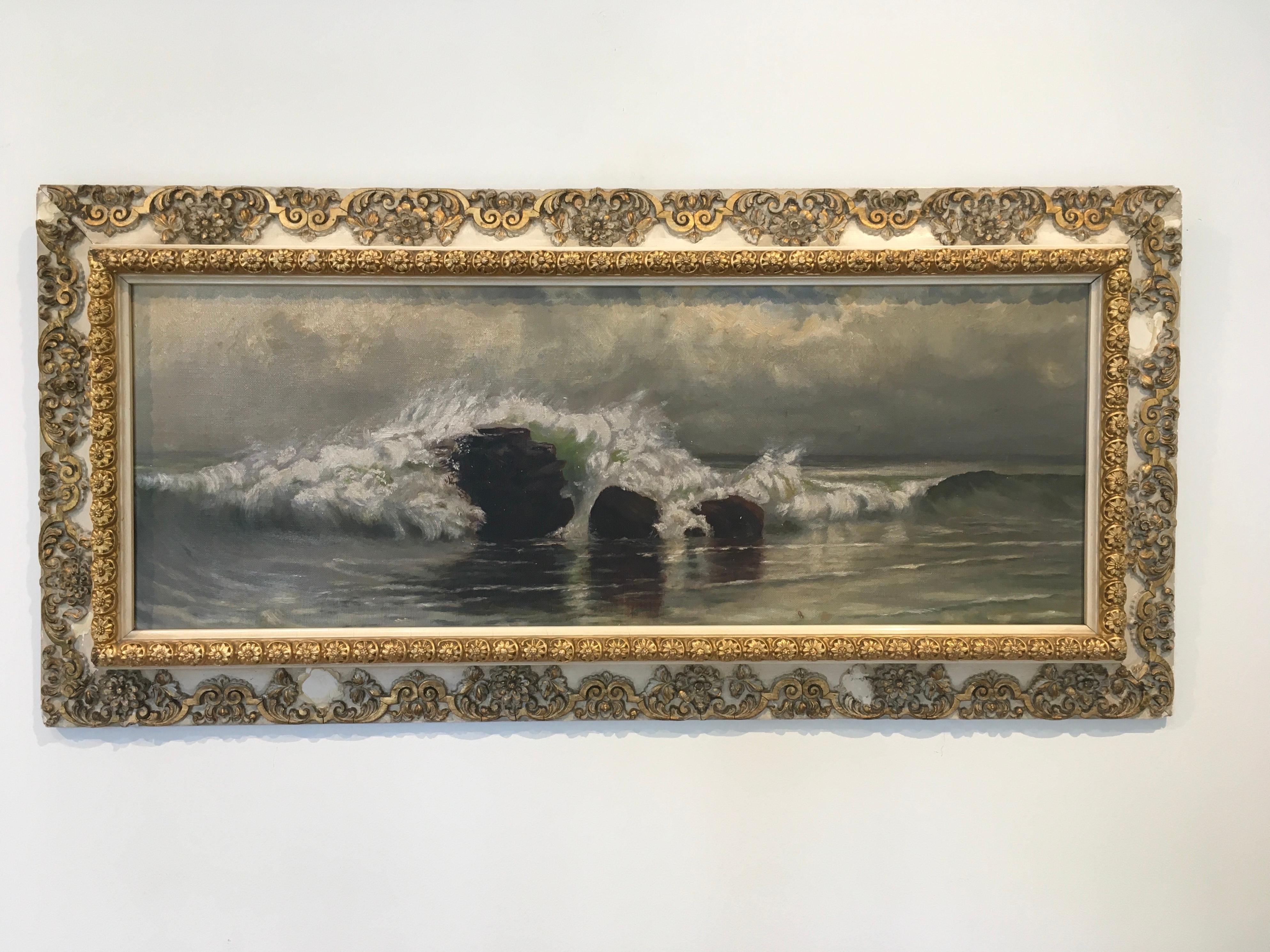 Landscape Painting di Unknown - 'Paesaggio marino impressionista del XIX secolo', di autore ignoto, olio su tela