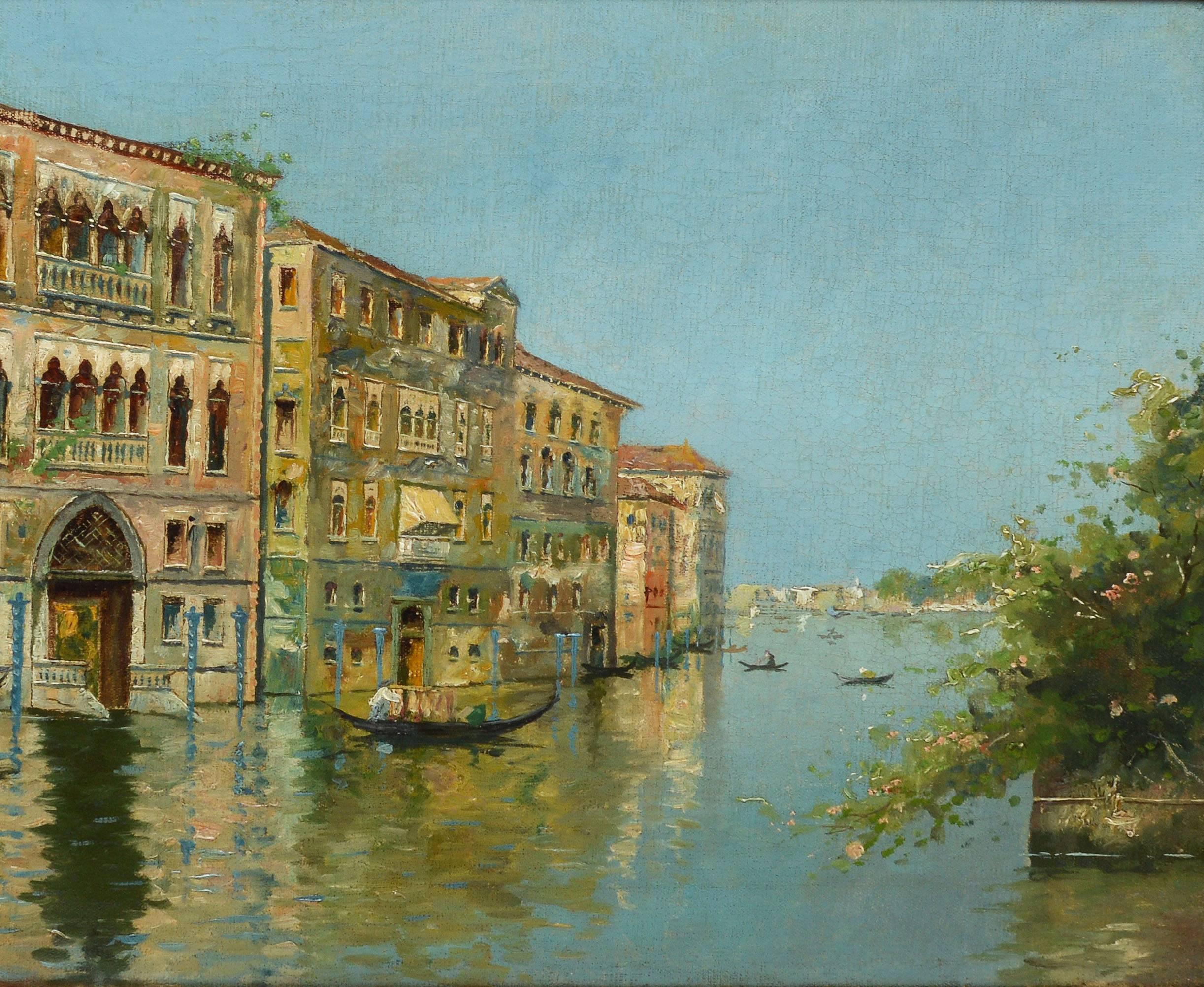 Impressionist view of Venice Italy.  Oil on canvas, circa 1890.  Signed illegibly lower left.  Displayed in a period giltwood frame.  Image size, 21