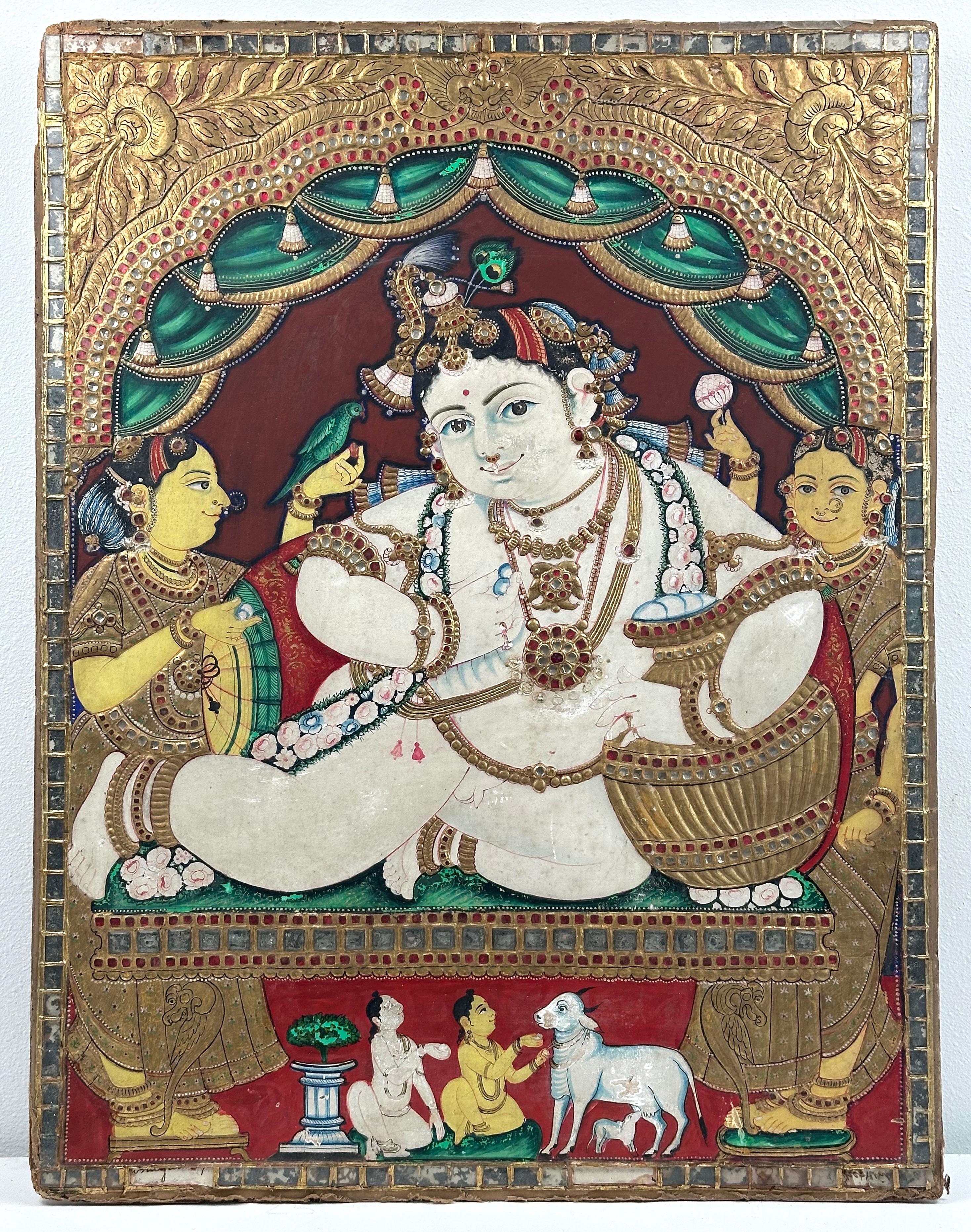 Unknown Figurative Painting - 19th-century Indian gold Tanjore Painting of Krishna