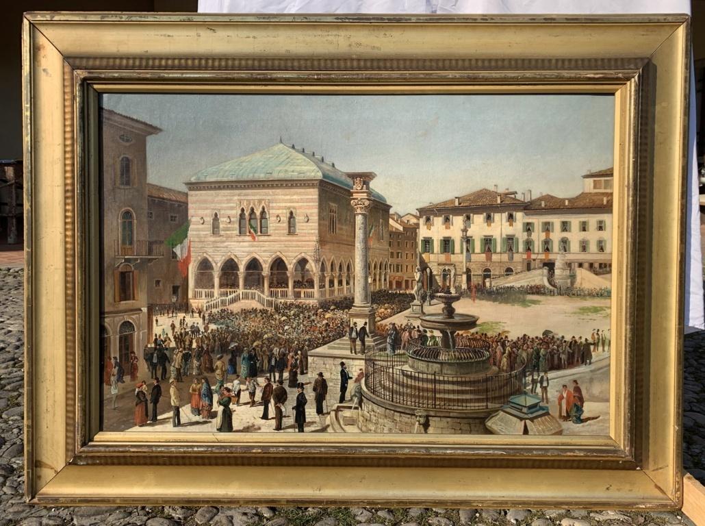 Cuadro vista ciudad italiana siglo XIX - Udine visita Rey Italia - Óleo sobre lienzo - Painting de Unknown