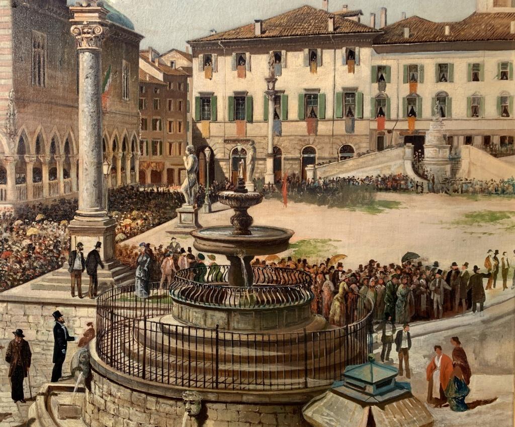 Maestro italiano del siglo XIX - Udine, vista de la Plaza de la Libertad durante los preparativos para la llegada del rey de Italia Vittorio Emanuele II en 1866.

78 x 116 cm sin marco, 110 x 148 cm con marco.

Óleo sobre lienzo, en marco de madera