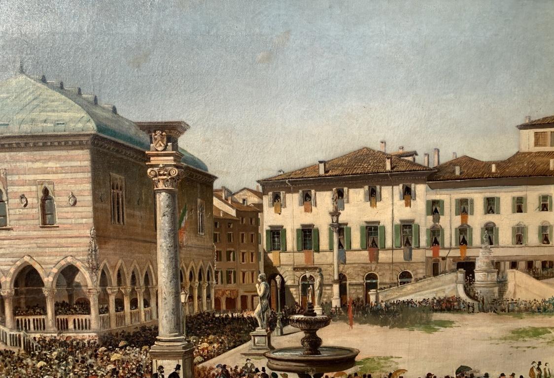 Cuadro vista ciudad italiana siglo XIX - Udine visita Rey Italia - Óleo sobre lienzo 1