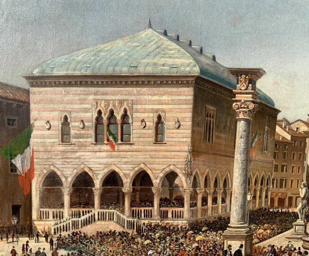 Cuadro vista ciudad italiana siglo XIX - Udine visita Rey Italia - Óleo sobre lienzo 2
