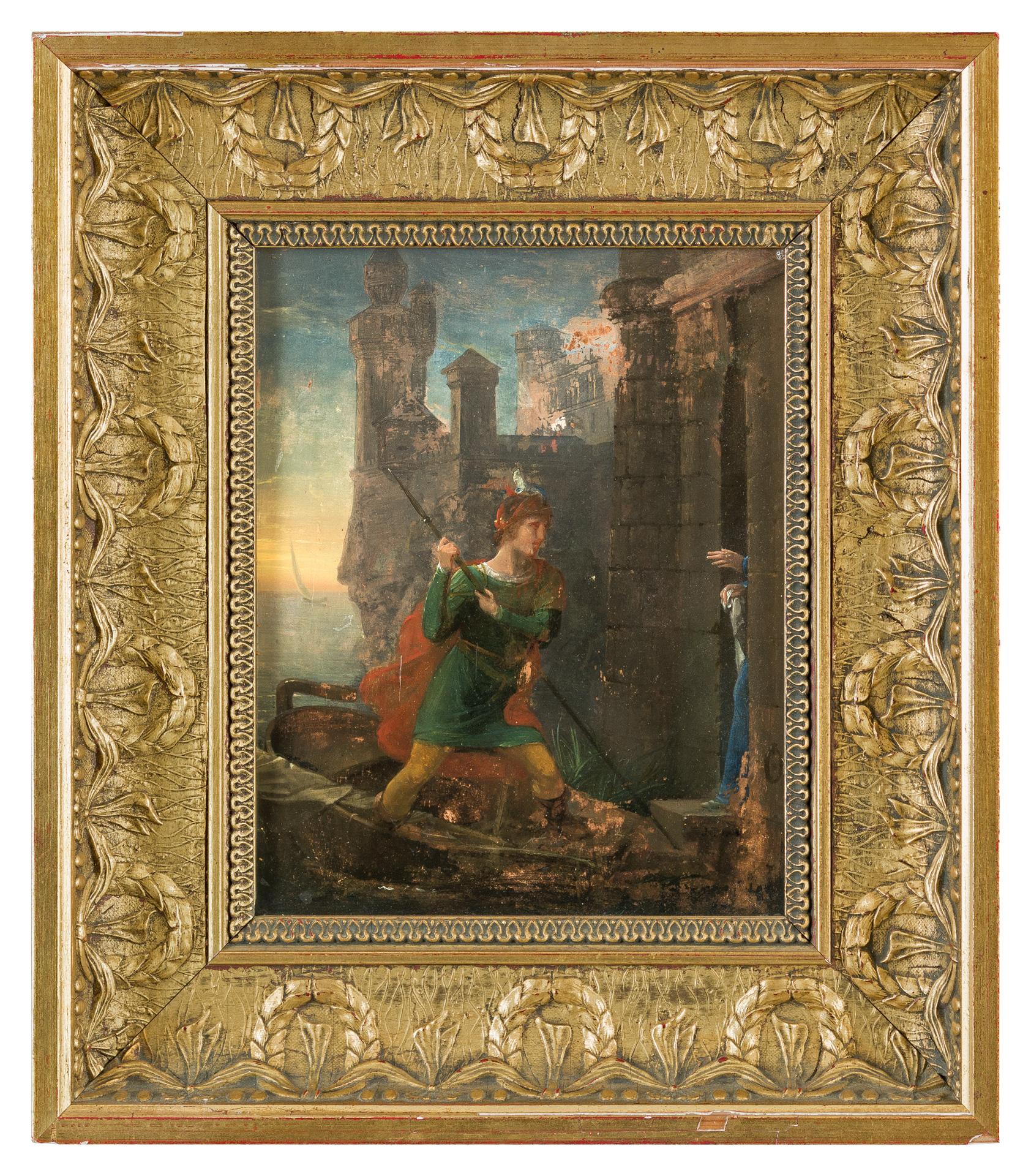 19th century Italian figure painting - Romantic scene - Oil on panel signed
