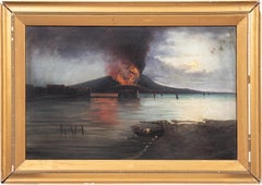 19th century Italian landscape painting - Vesuvius Gulf Naples - Oil on canvas 