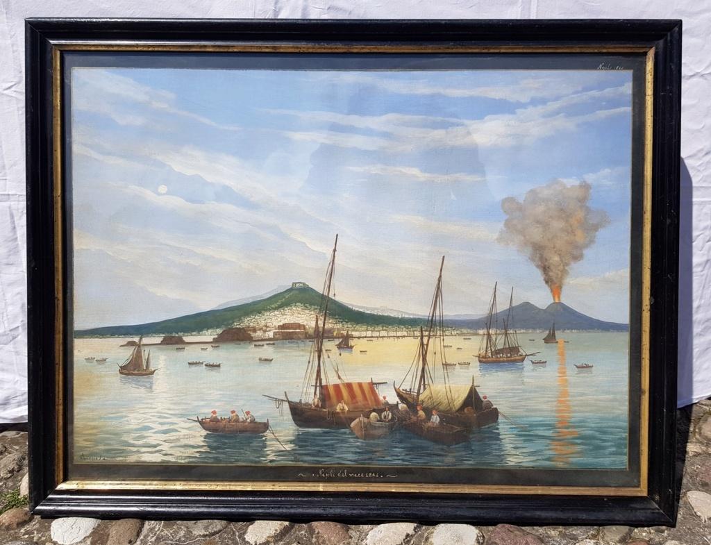 19th century Italian painting - View of Naples - Gouache on paper Tempera Italy - Old Masters Painting by Unknown