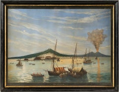 19th century Italian painting - View of Naples - Gouache on paper Tempera Italy