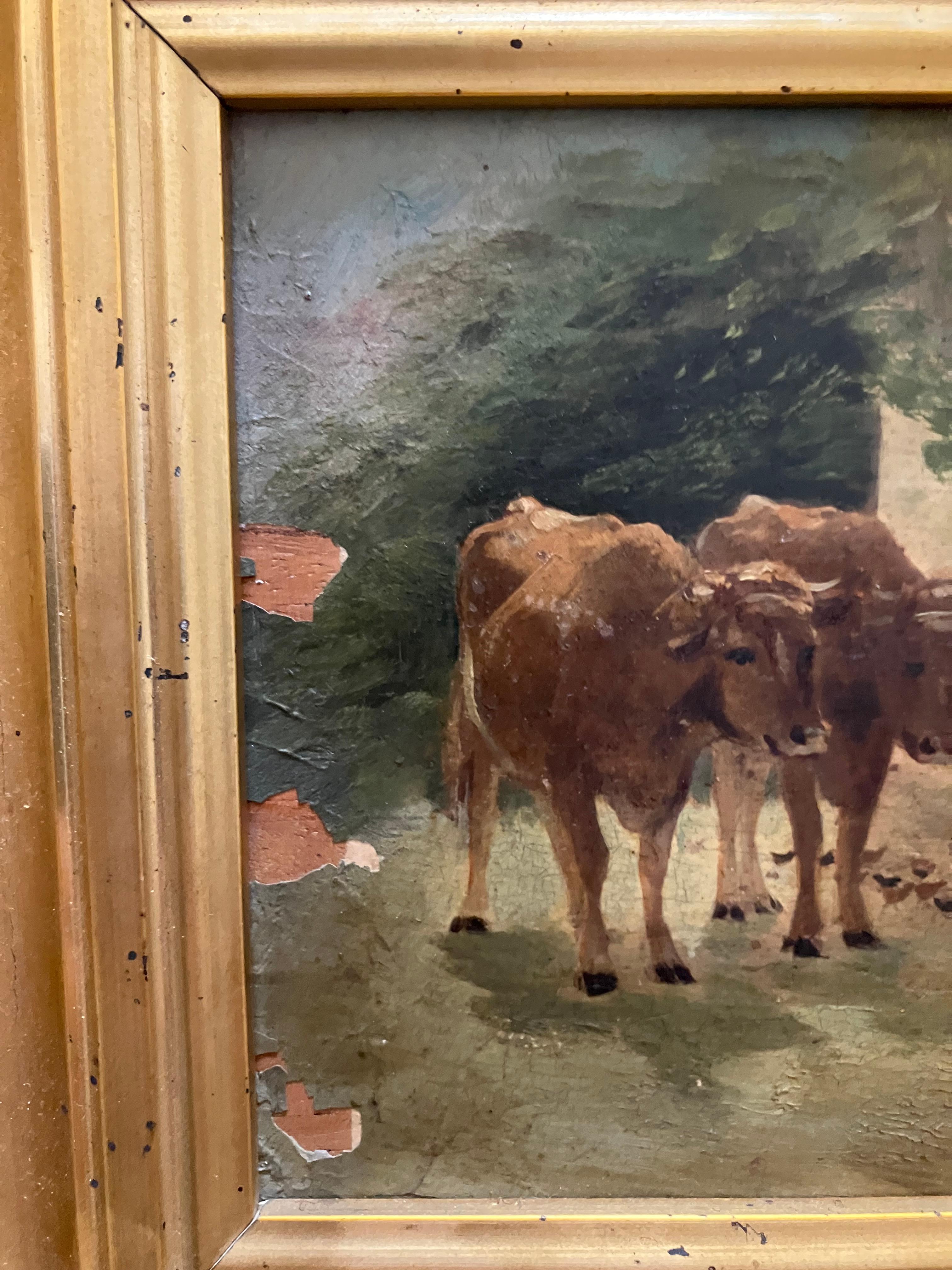 Pair of 19 century oil on board paintings. Most likely Italian school or possibly Spanish. These charming paintings measure 7 inches wide by 5 1/2 inches high each one. What looks like the original frames measure 10 1/4 inches wide by 7 1/2 inches