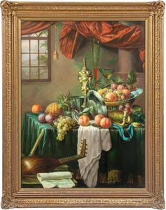 19th century Italian still life painting - Fruit tableware interior 