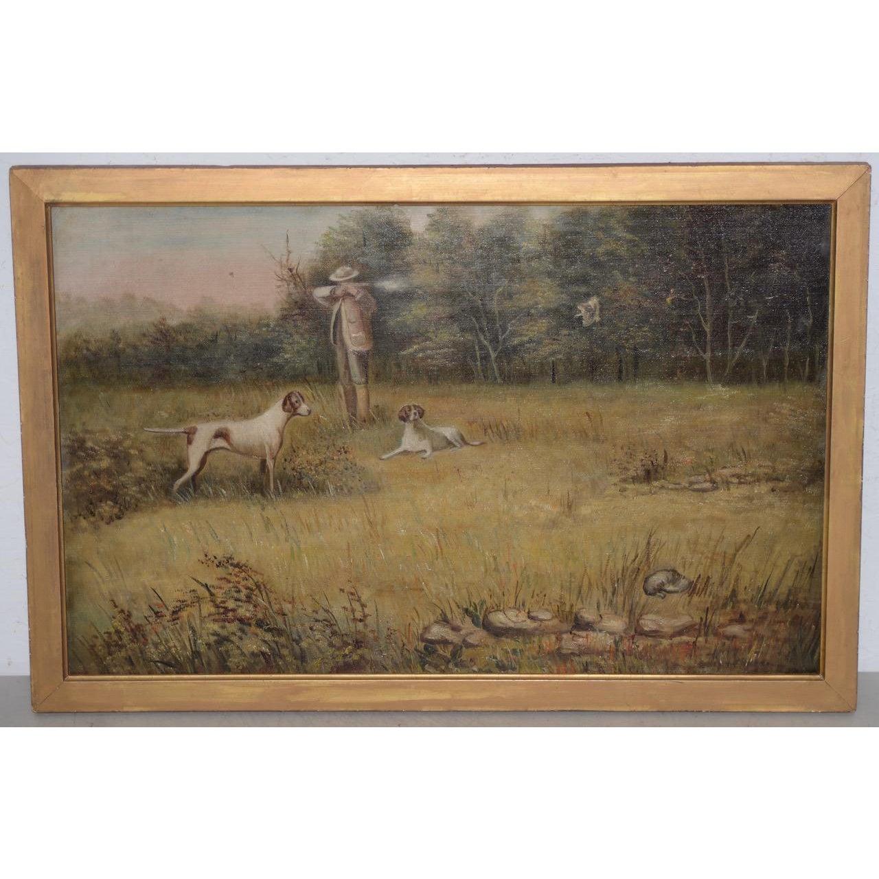 Unknown Animal Painting - 19th Century Landscape "Bird Hunting" w Hunter and Dogs