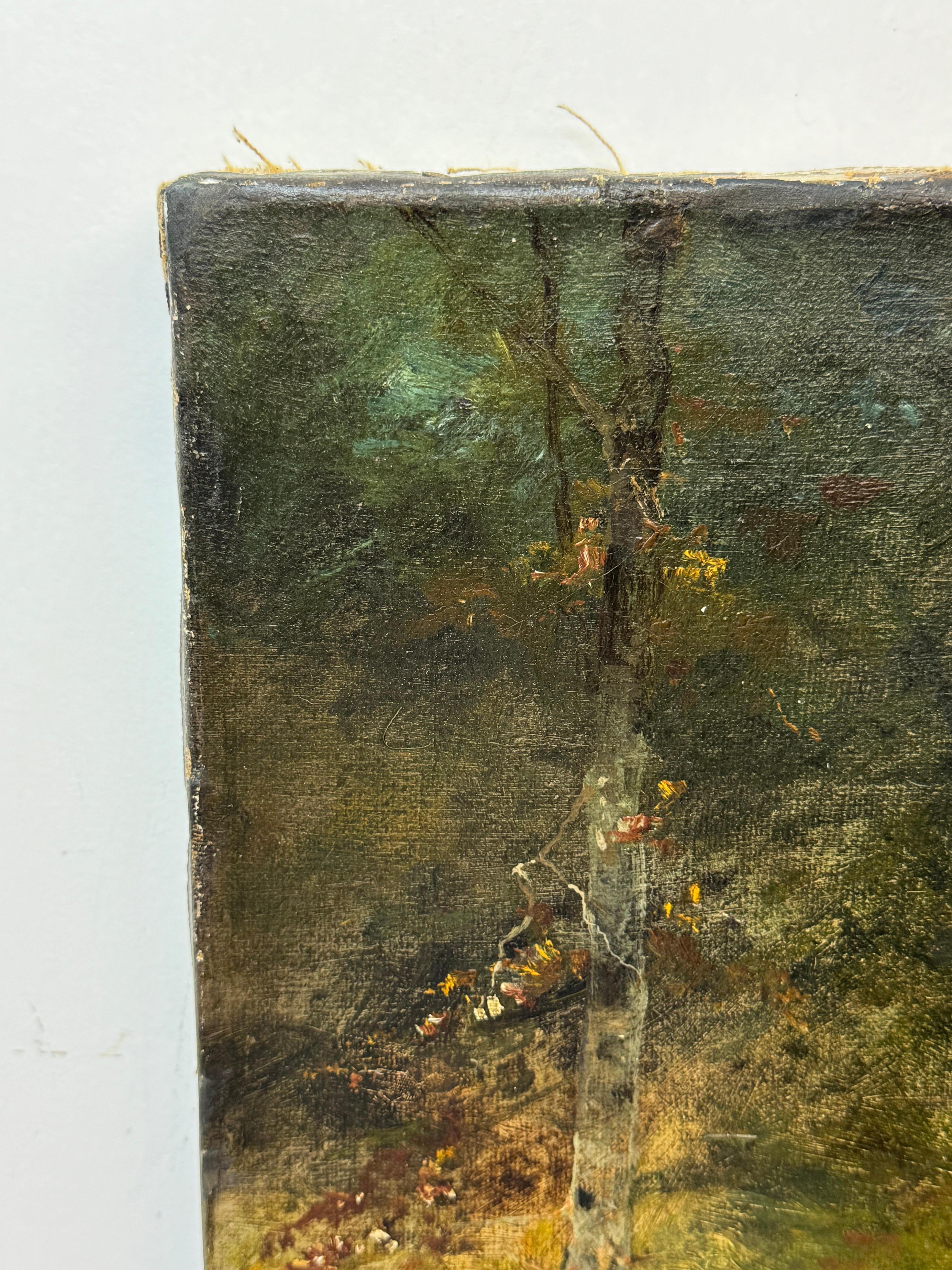 Paysage du XIXe siècle représentant un personnage marchant dans un sentier forestier en direction d'un lac. Possiblement signé LR. Huile sur toile. Restauré/raffiné. 16.25×23.25 sur cadre.