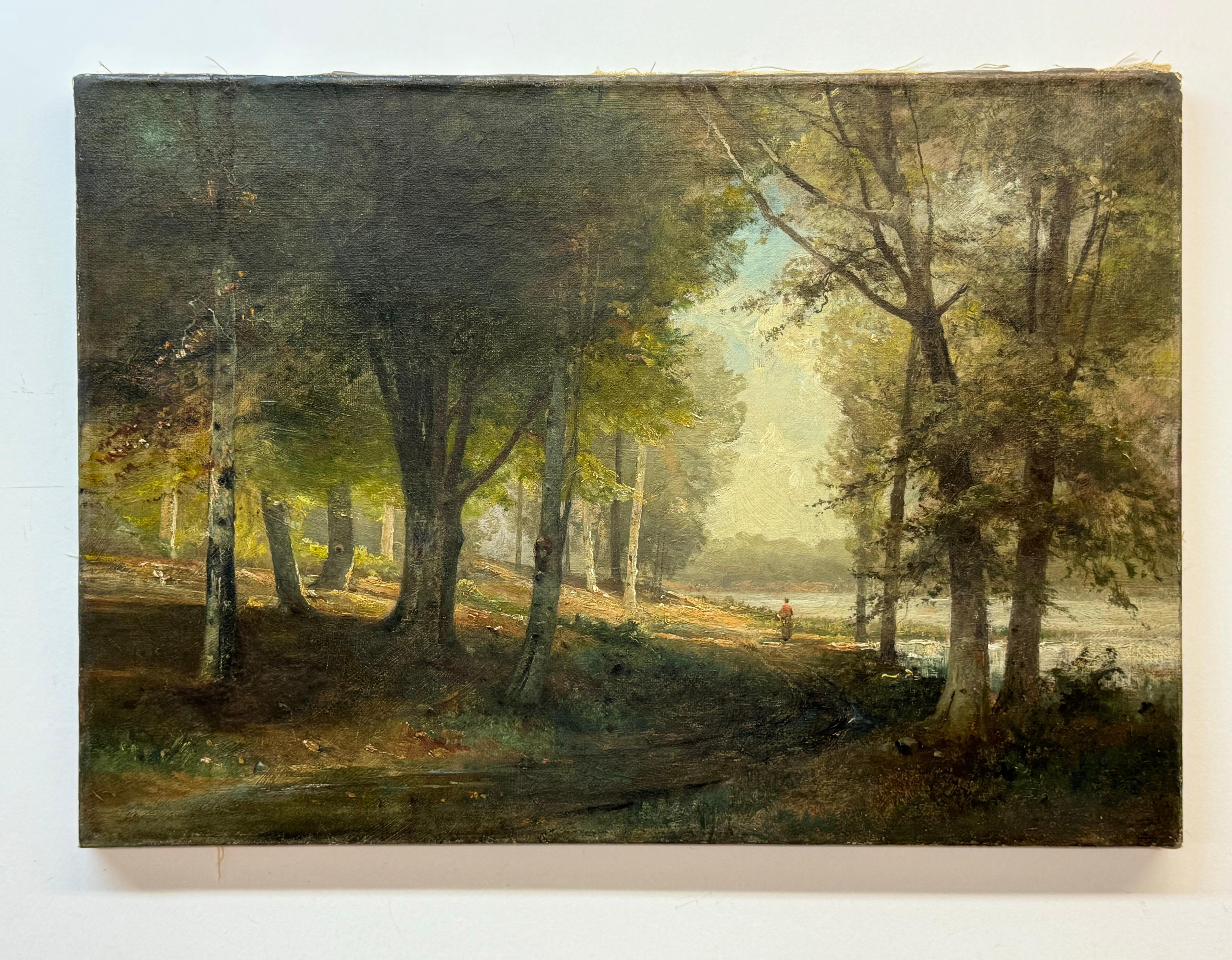 19e siècle, paysage d'un personnage marchant dans une forêt en direction d'un lac - Painting de Unknown