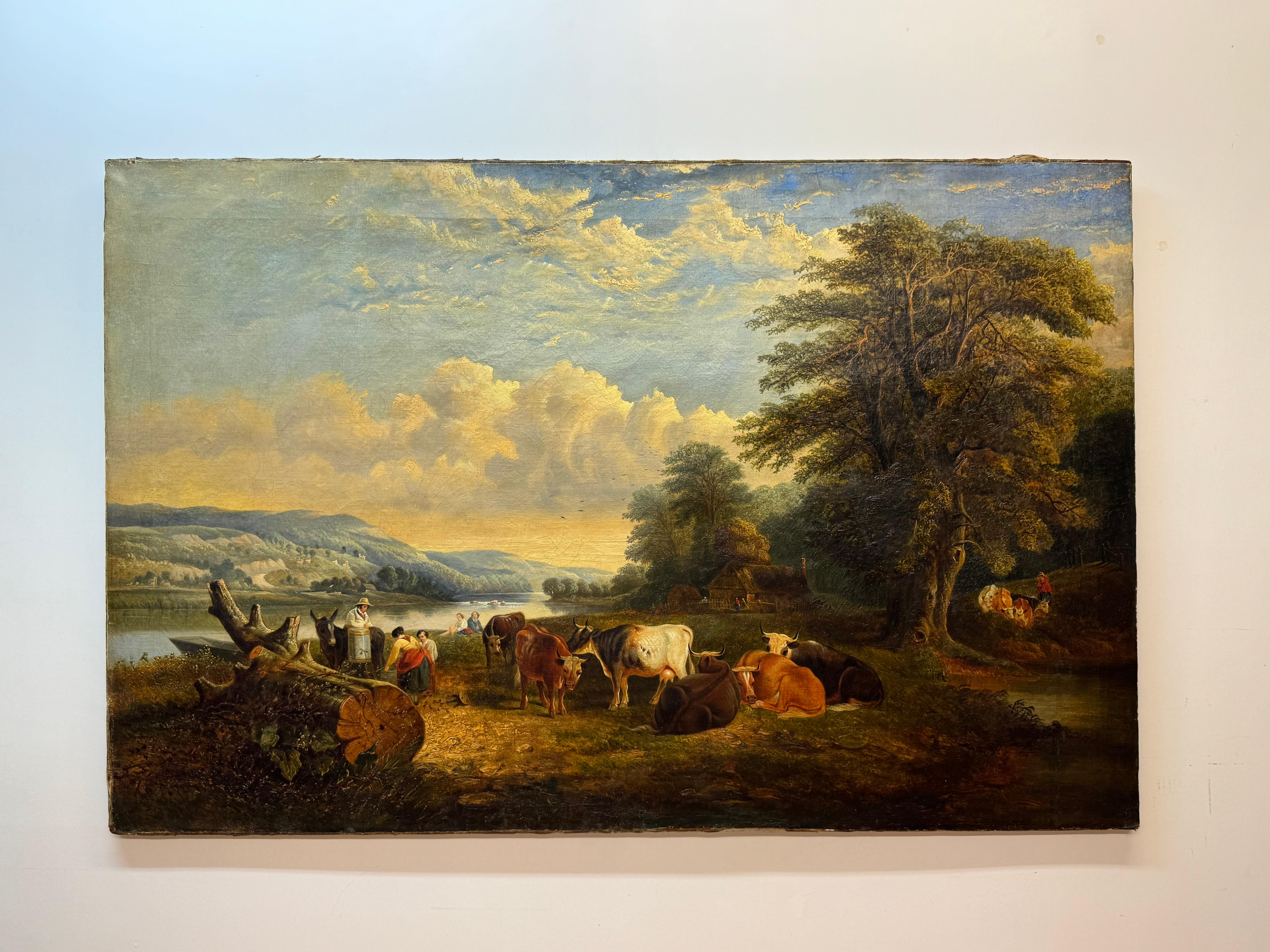 Landscape Painting Unknown - Paysage du 19e siècle avec du bétail et des personnages au bord d'une rivière