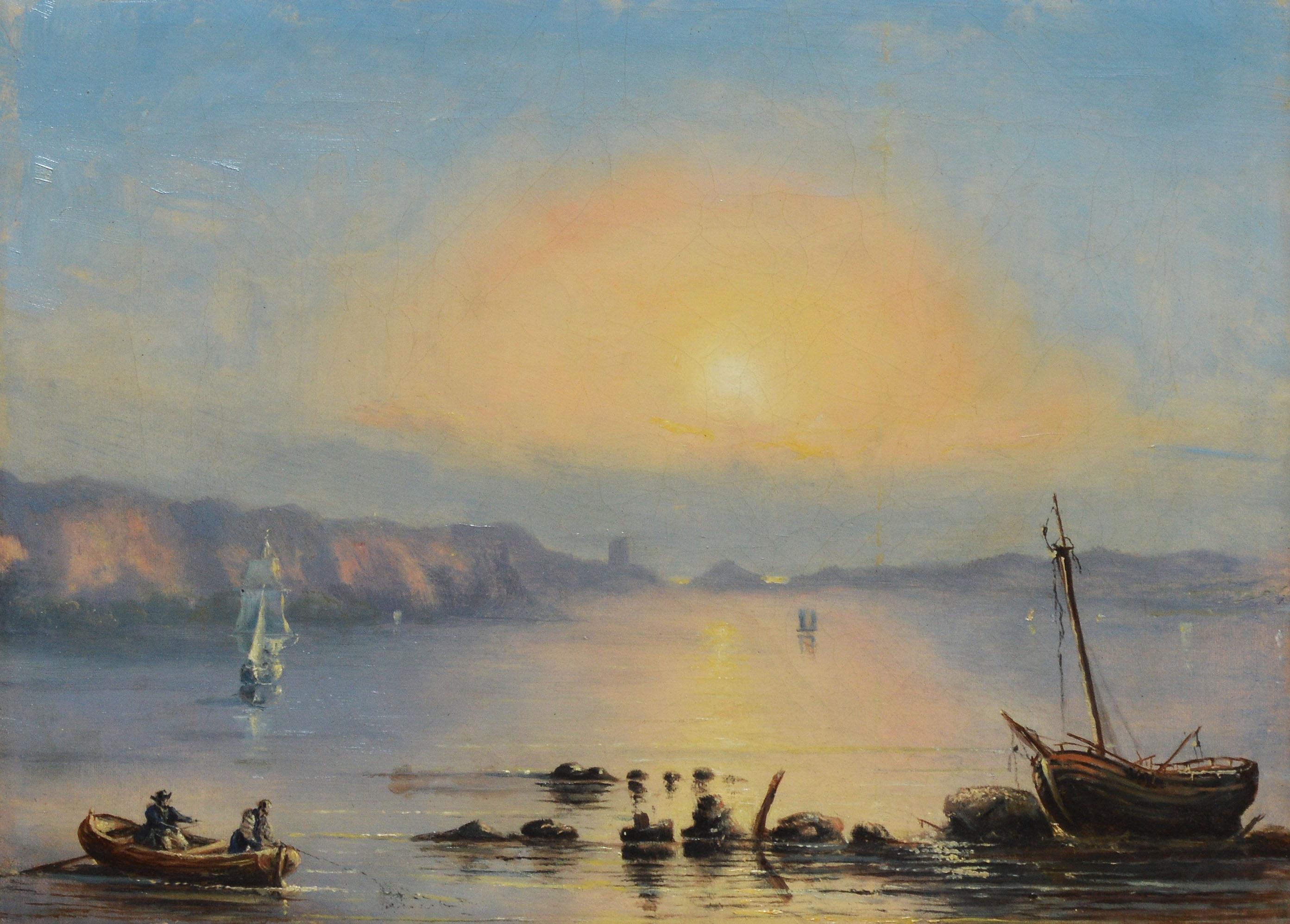 19th Century Luminous Coastal Sunset Landscape Oil Painting - Brown Landscape Painting by Unknown