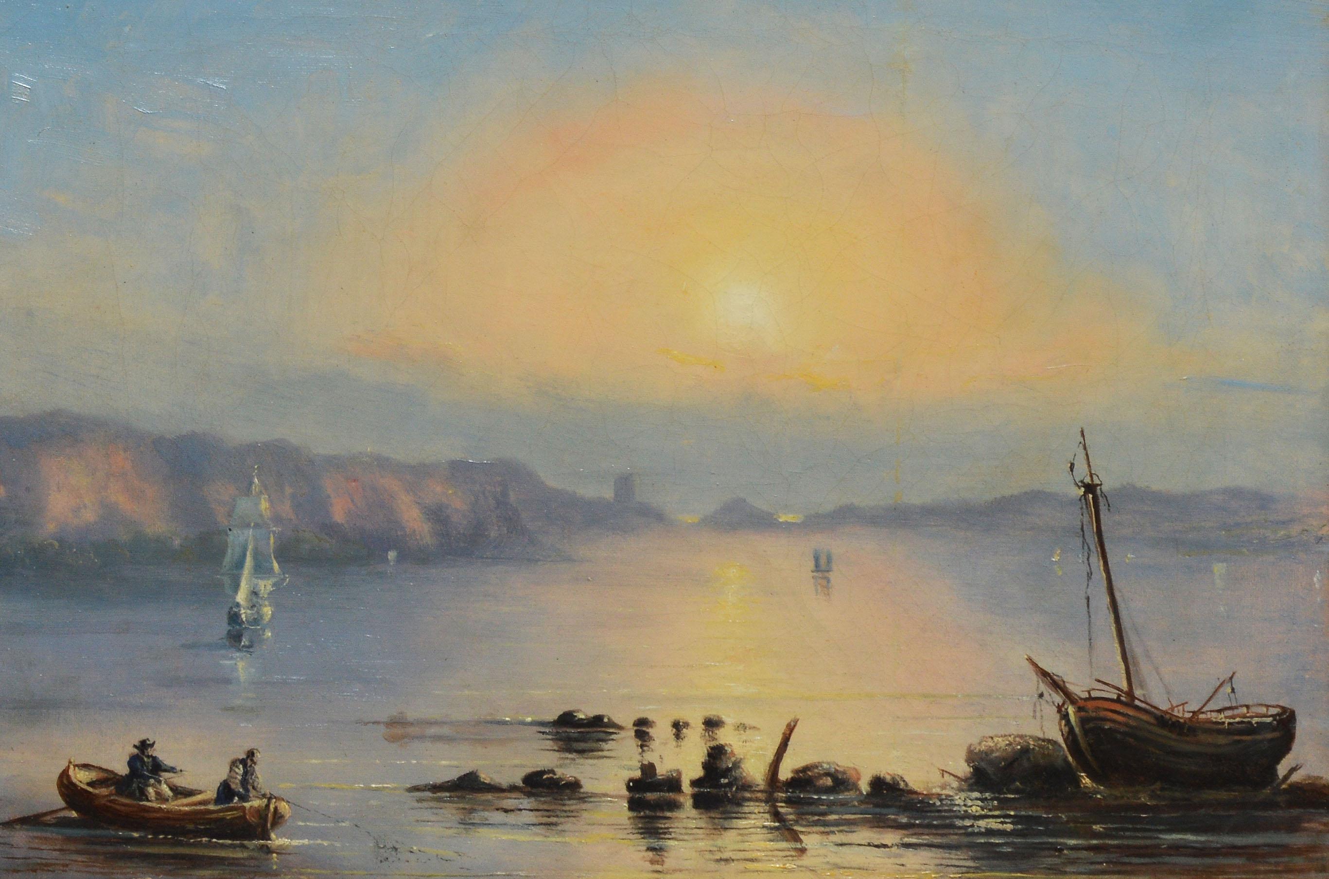 19th Century American school luminous coastal view.  Oil on canvas, circa 1880.  Unsigned.  Displayed in a giltwood frame.  Image size, 17'L x 13